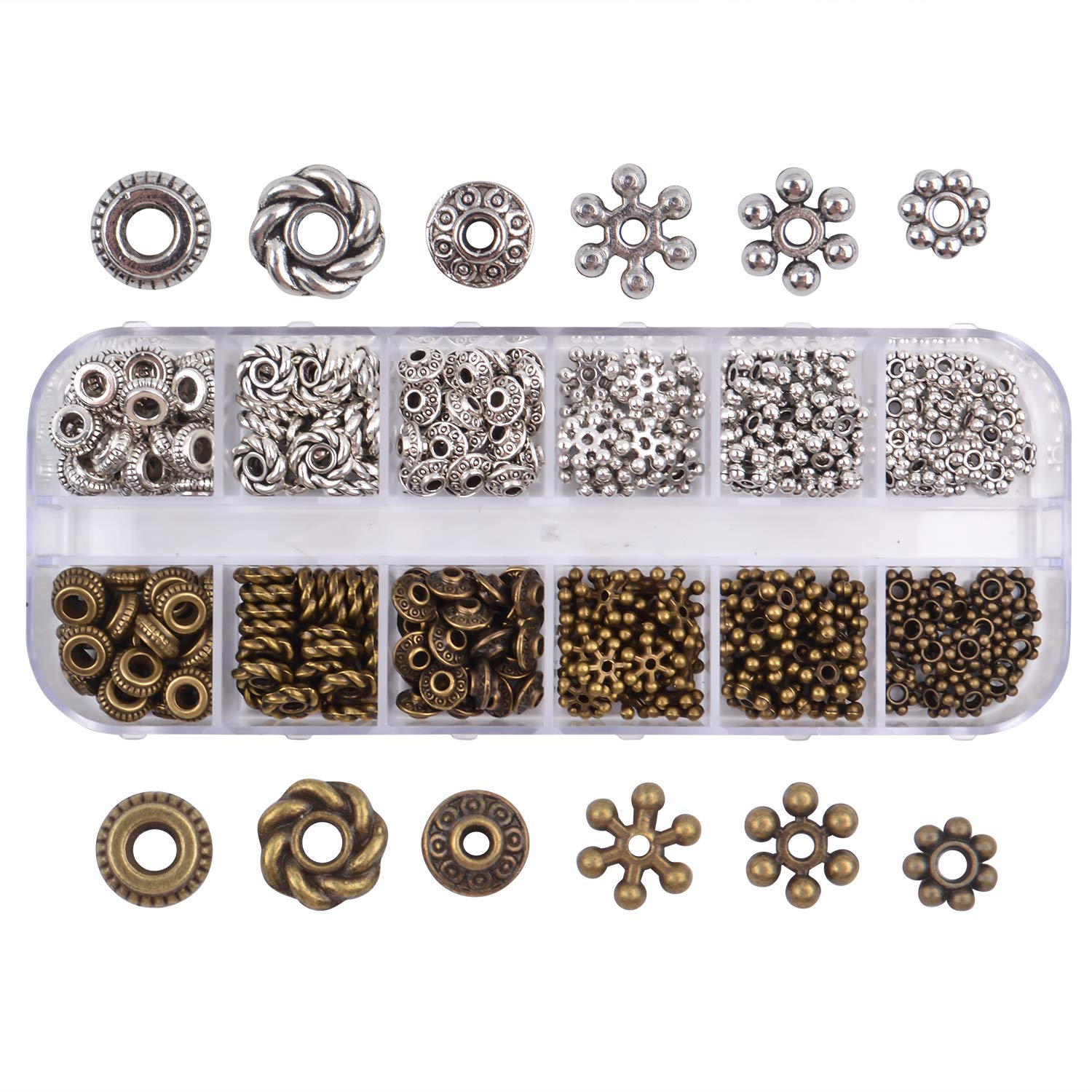300pcs Tibetan Spacer Beads for Jewelry Making - Alloy Bead Charms in 6 Styles (Antique Silver & Bronze) - Perfect for DIY Bracelets, Necklaces & Boho Jewelry Designs