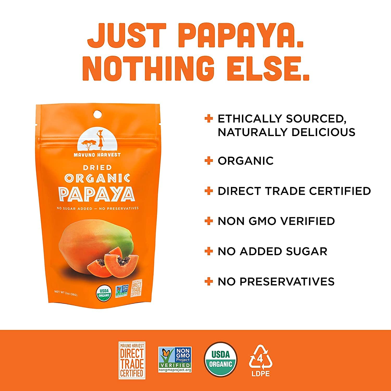Organic Dried Papaya Slices by Mavuno Harvest | Gluten-Free, Vegan, Non-GMO Healthy Snack | No Sugar Added, 2oz Pack of 6 | Perfect for Lunchboxes, Hiking, Travel & On-the-Go Snacking
