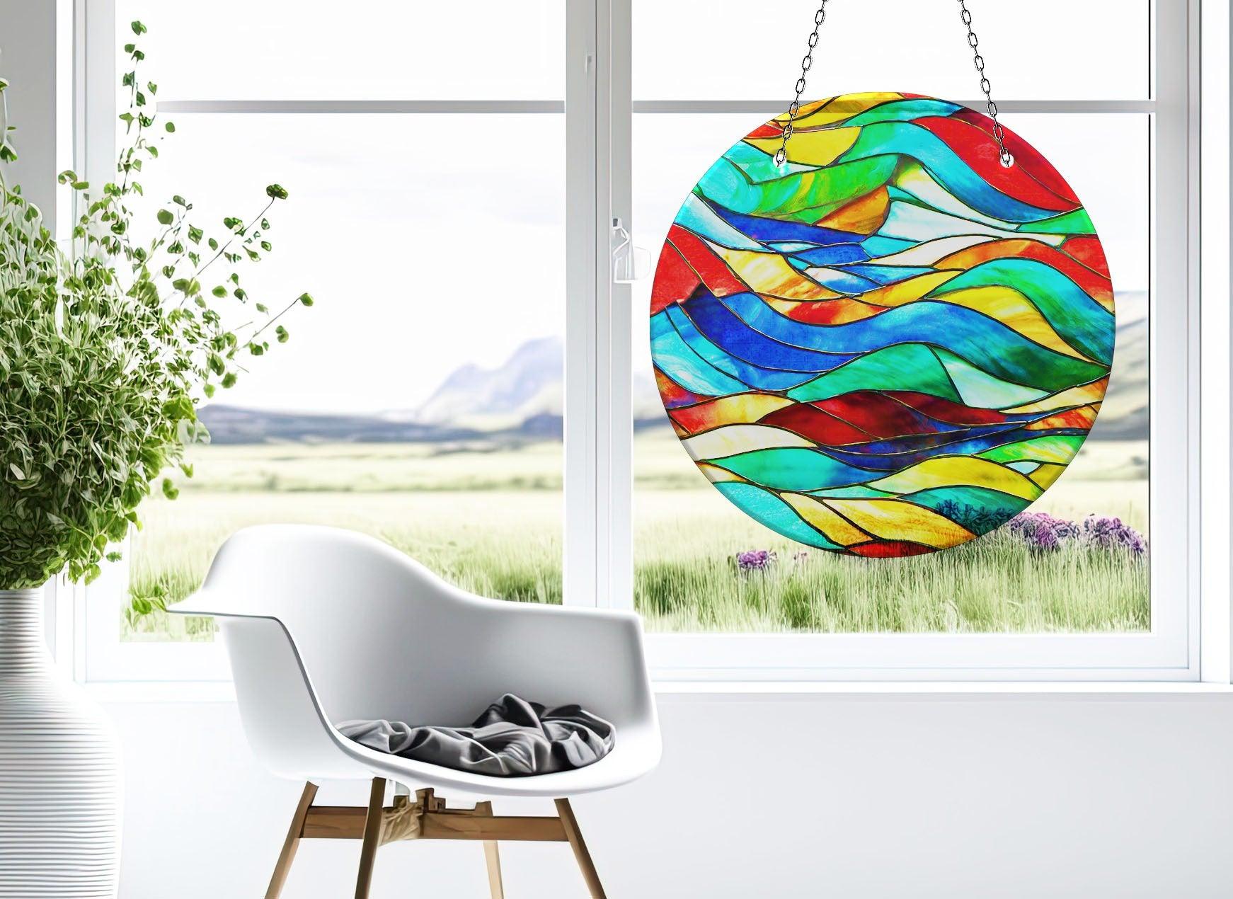 Vibrant Abstract Line Suncatcher - Handmade Window Decor for Home, Office & Garden - Stained Glass Style Sun Catcher for Windows, Patio & Outdoor Spaces