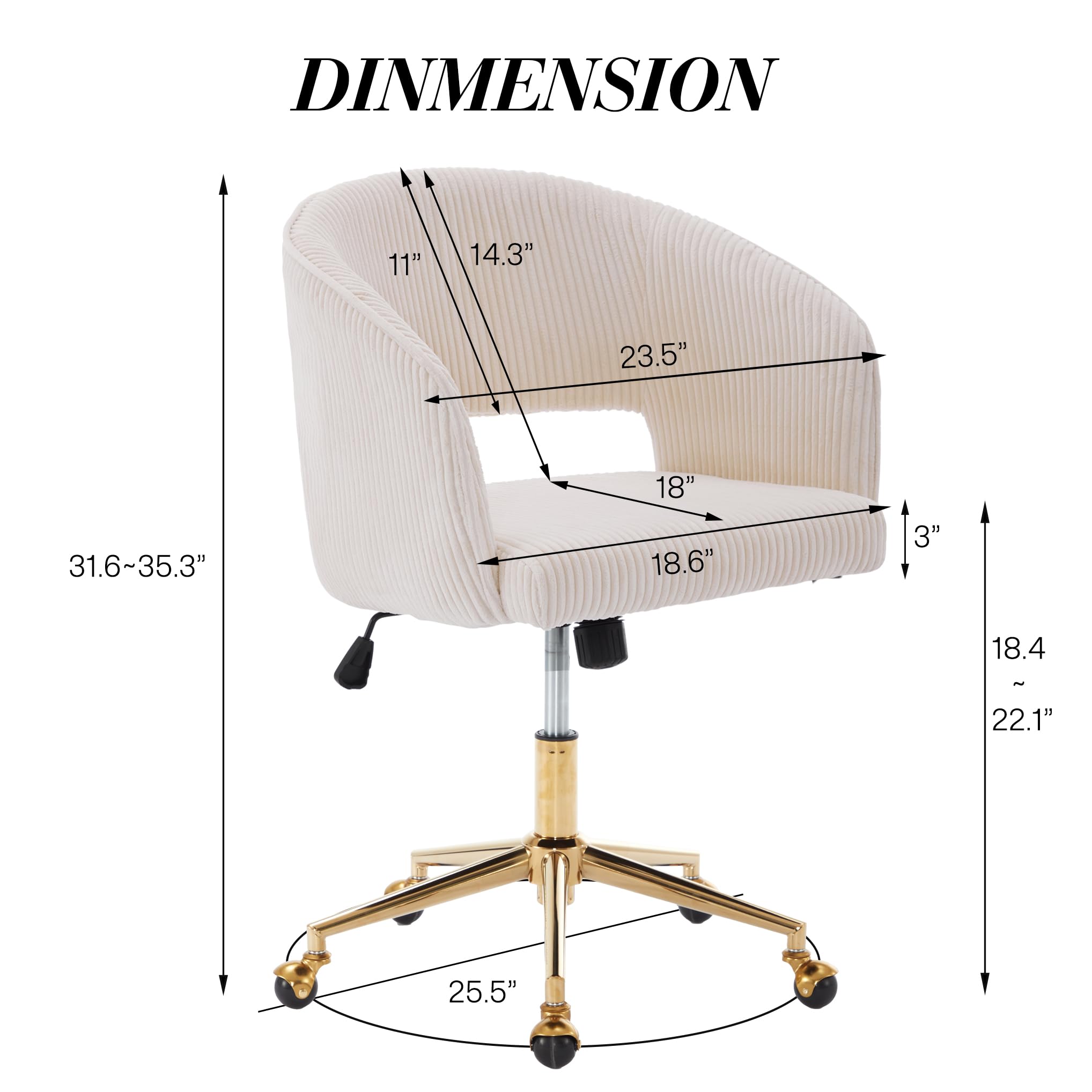 Ergonomic Swivel Office Chair with Corduroy Upholstery & Gold Base - Modern Tufted Desk Chair for Women, Girls, Home & Study - Comfortable Computer Task Stool for Living Room, Bedroom & Home Office (Beige)