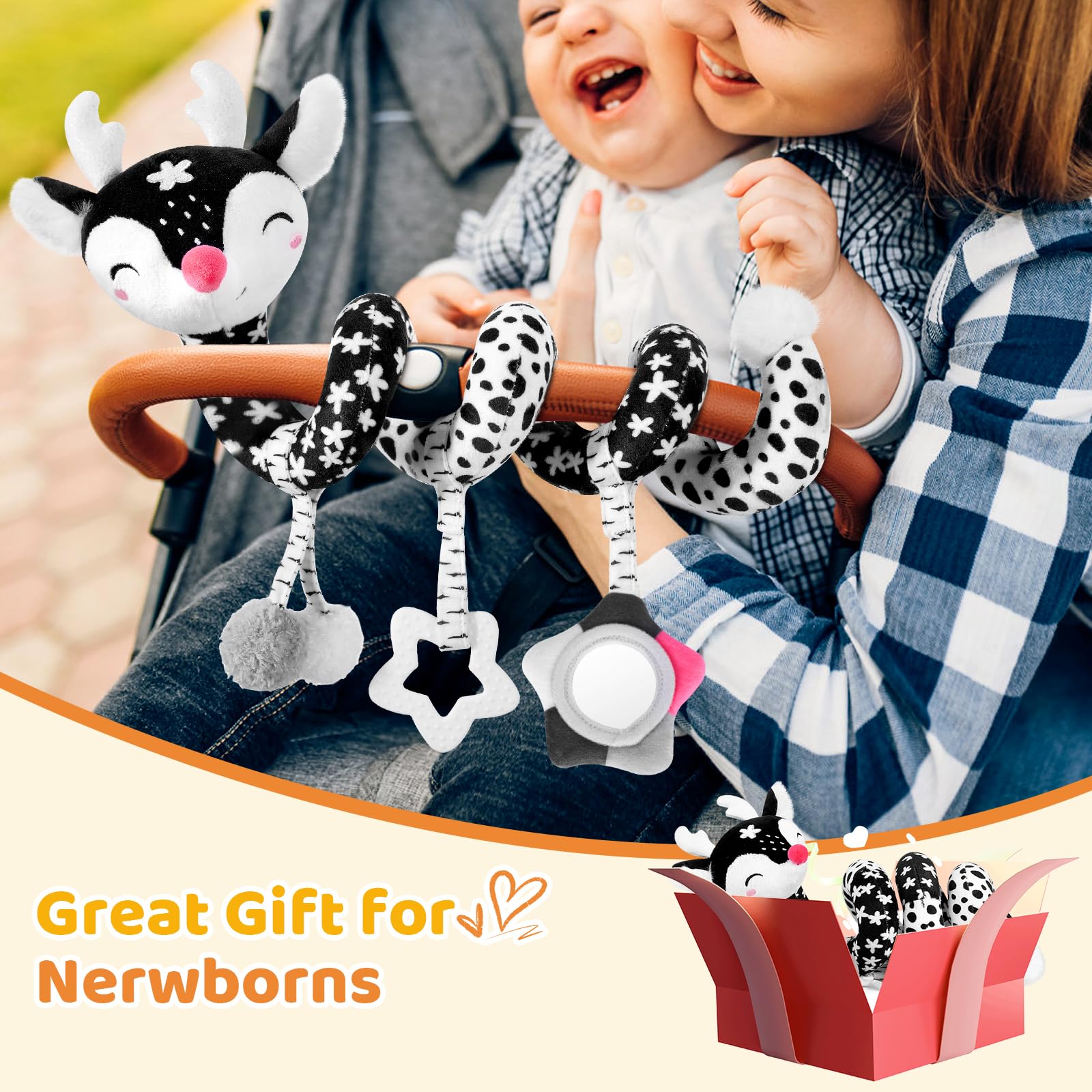 Black and White High Contrast Baby Car Seat Toys for 0-12 Months - Spiral Activity Plush Stroller Hanging Toys for Newborns & Infants (Boy & Girl) | Perfect for Car Rides, Stroller Walks & Sensory Development