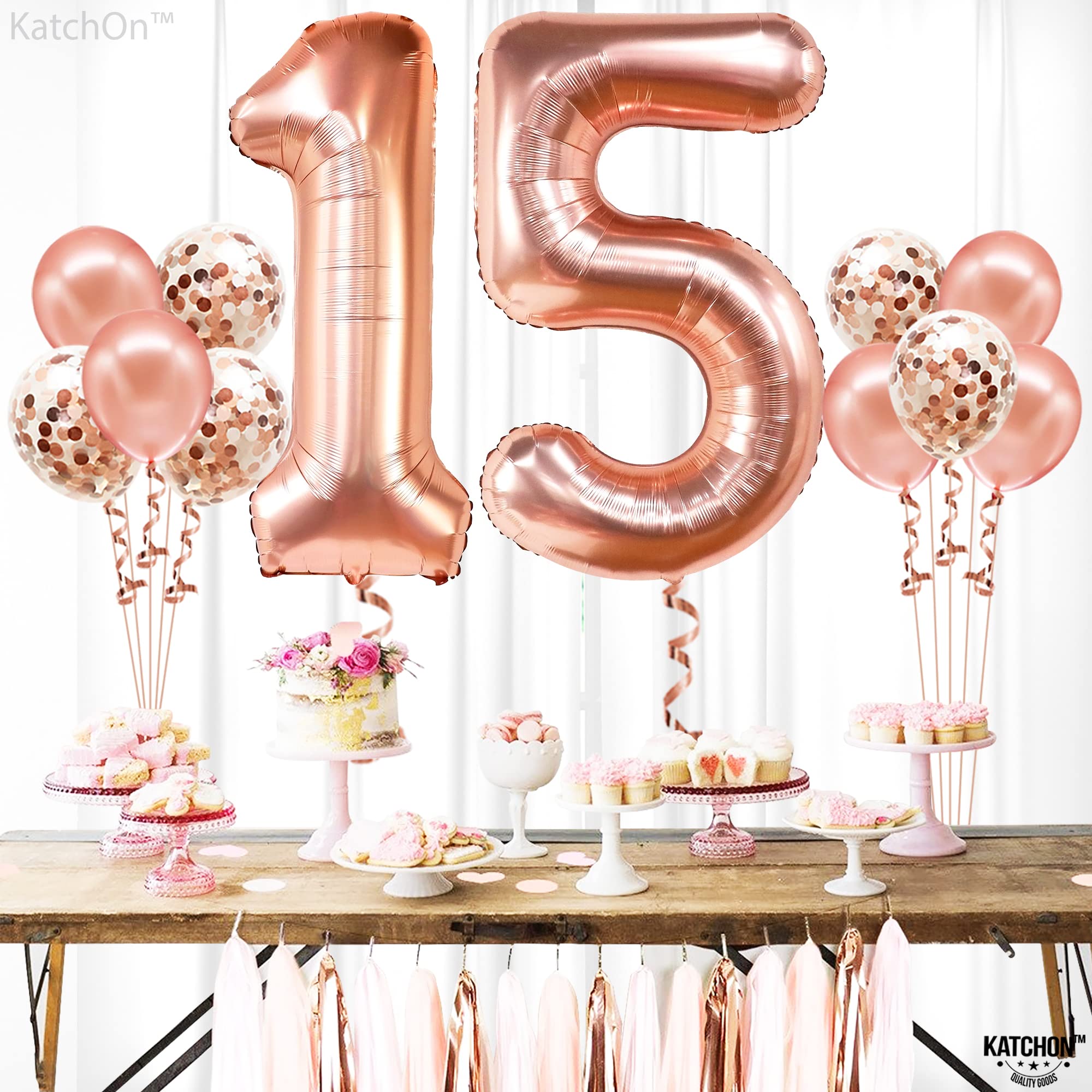 KatchOn 15th Birthday Balloons - 40 Inch Giant Rose Gold Number 15 with Confetti | Quinceañera & Sweet 16 Party Decorations | Perfect for Girls' Birthday Celebrations, Photo Backdrops & Milestone Events