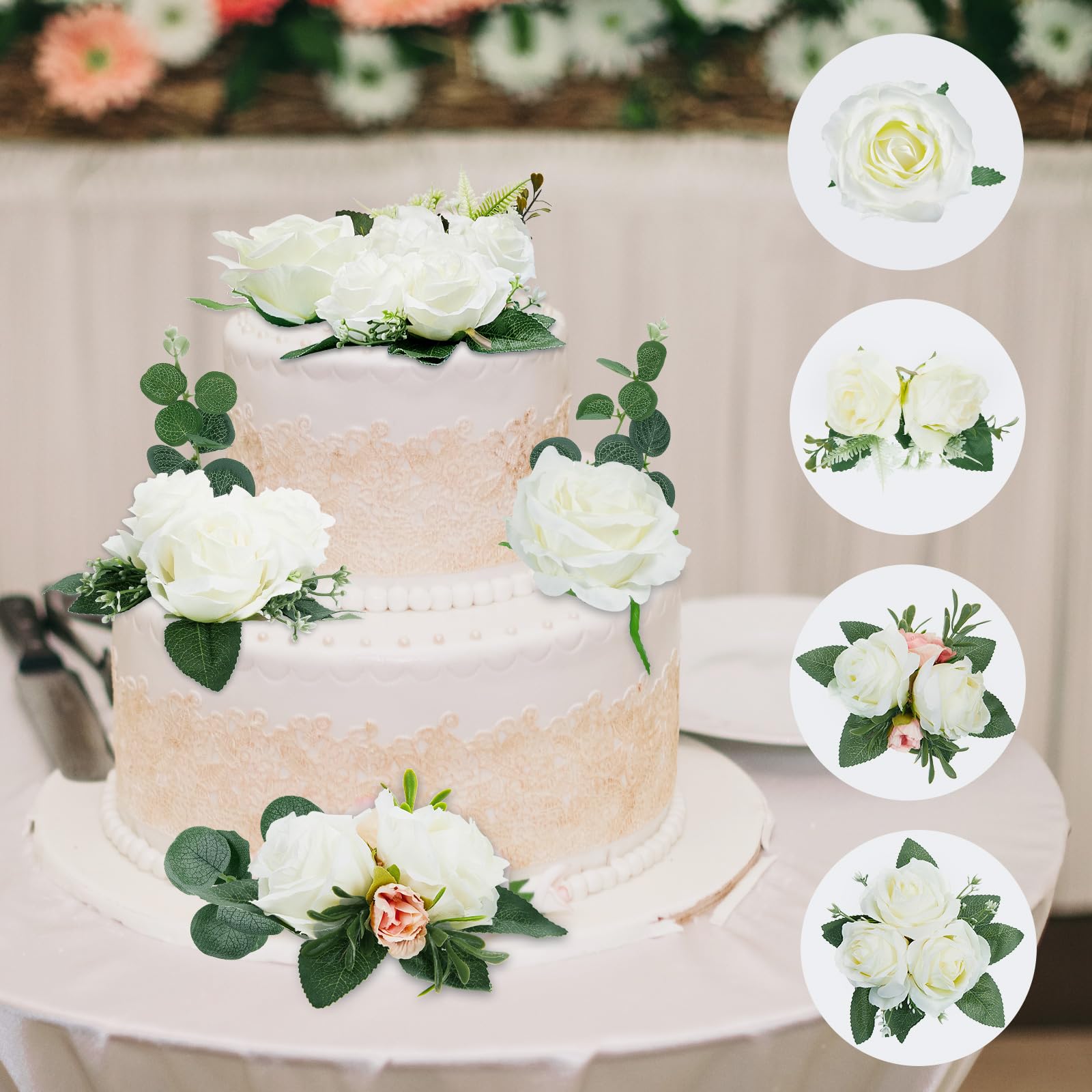 9-Piece Boho Floral Cake Topper Set - Eucalyptus Flower Decorations for Wedding, Birthday & Anniversary Cakes - Elegant White Cake Decor for Women's Parties & Special Events