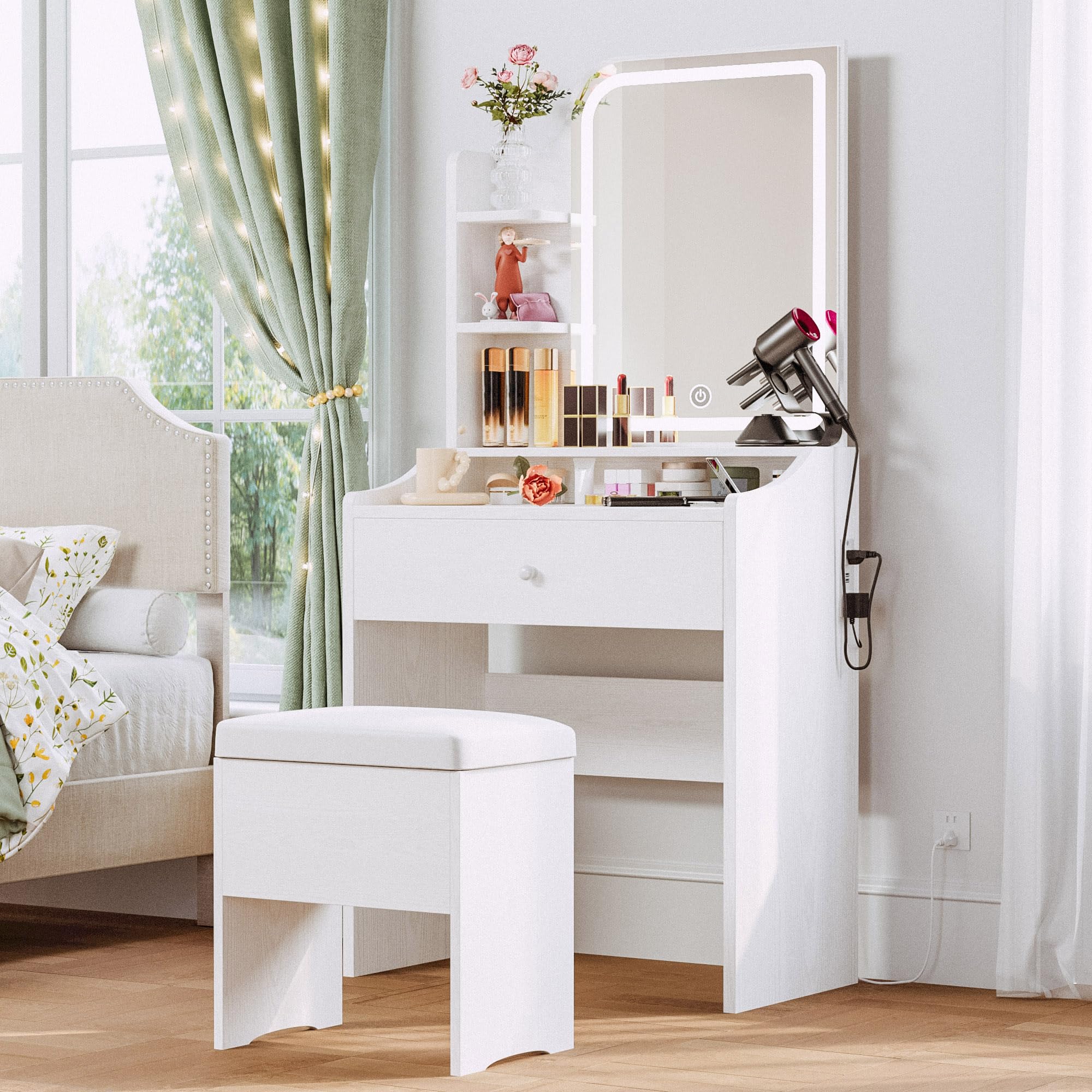 LIKIMIO Small White Makeup Vanity Desk with LED Lights & Mirror - Vanity Table Set with Storage Drawer, Chair & 3 Shelves for Bedroom - Perfect for Makeup Organization & Dressing Room Decor
