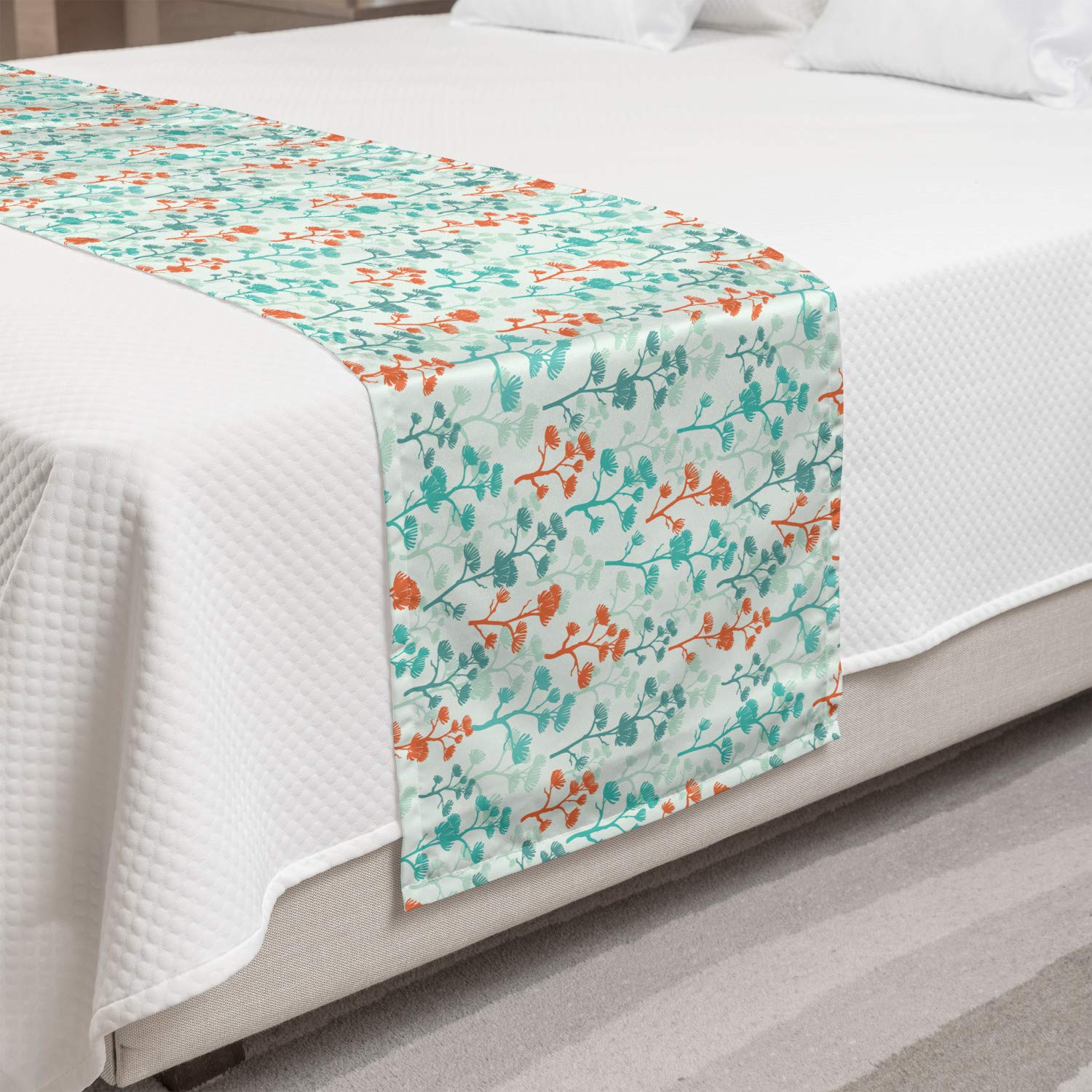 Ambesonne Botanical Bed Runner - Tree Silhouettes Woodland Design King Size Decorative Bed Scarf for Hotels, Homes & Guestrooms | Pale Blue & Burnt Sienna | Perfect for Bedroom Decor, Wedding Decorations & Cozy Home Styling