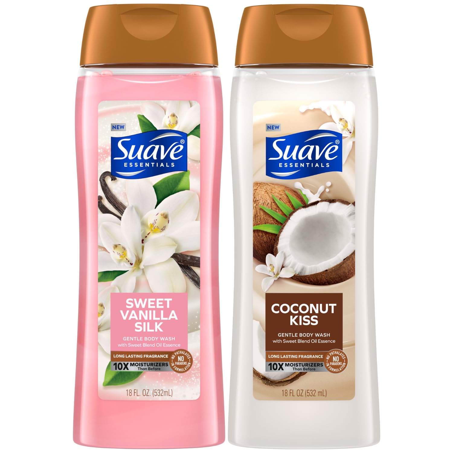Suave Body Wash Variety 2-Pack, Sweet Vanilla Silk & Coconut Kiss - Moisturizing Gentle Body Wash with Natural Oil Essence, 18 Oz Each - Perfect for Daily Shower & Spa Relaxation at Home