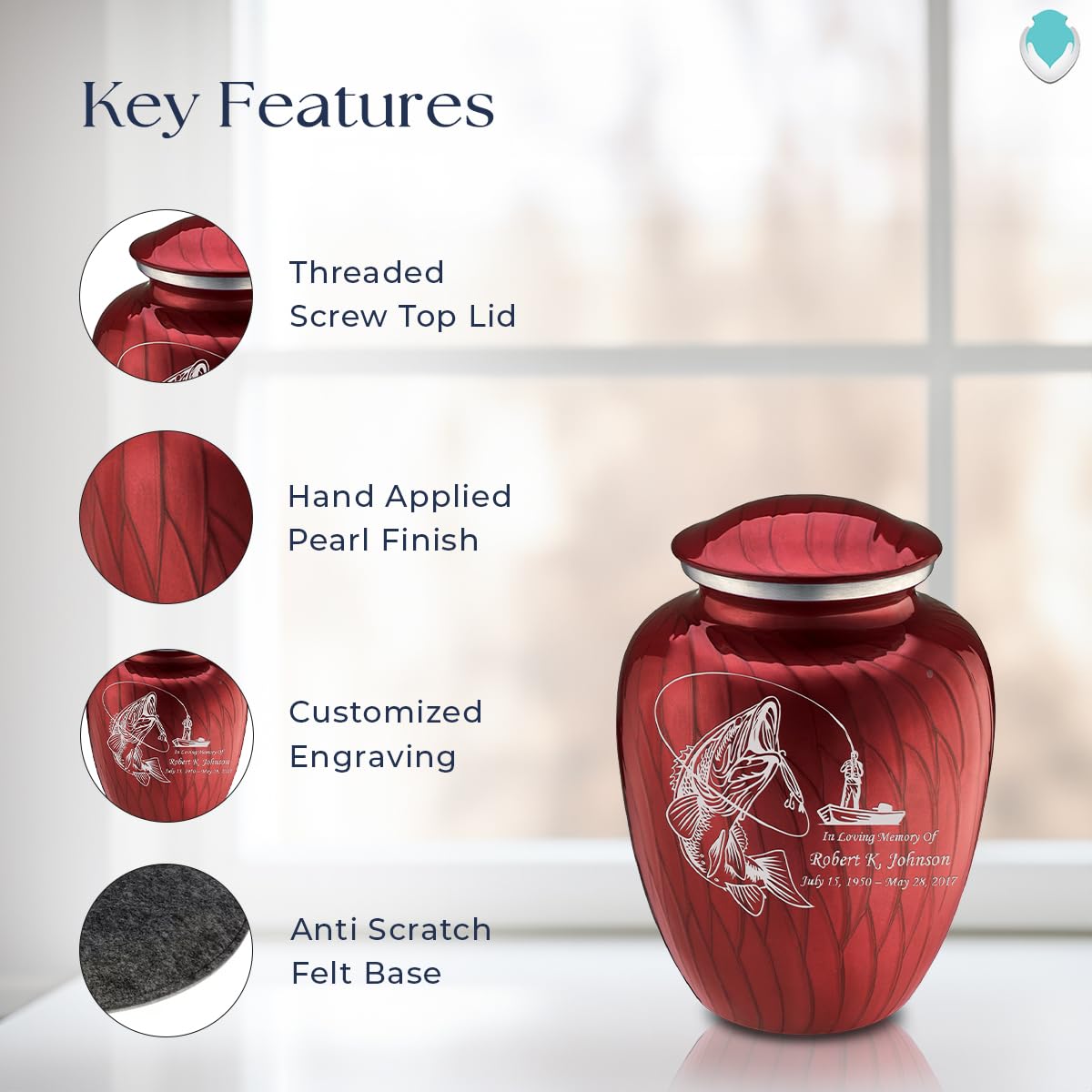 Personalized Fishing Cremation Urns for Ashes - Pearl Candy Red Funeral Urn with Double Side Engraving for Men & Women (44 lbs) | Memorial Keepsake for Anglers, Perfect for Home Display or Scattering Ceremonies