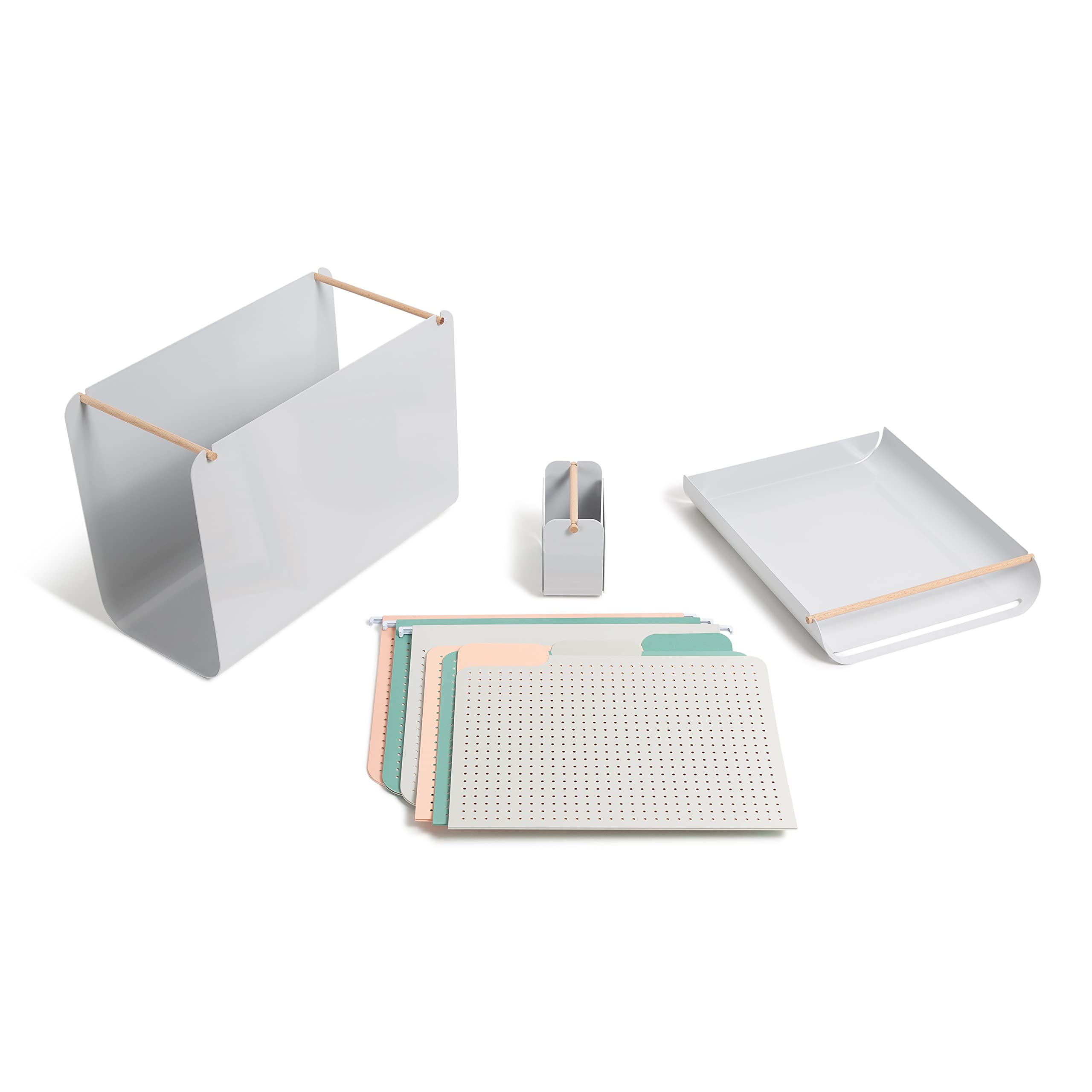 U Brands Arc Desk Filing Kit - 3-Piece Office Organizer Set with Paper Tray, File Box & Pencil Cup in Gray | Perfect for Home Office, Workspace & School Organization