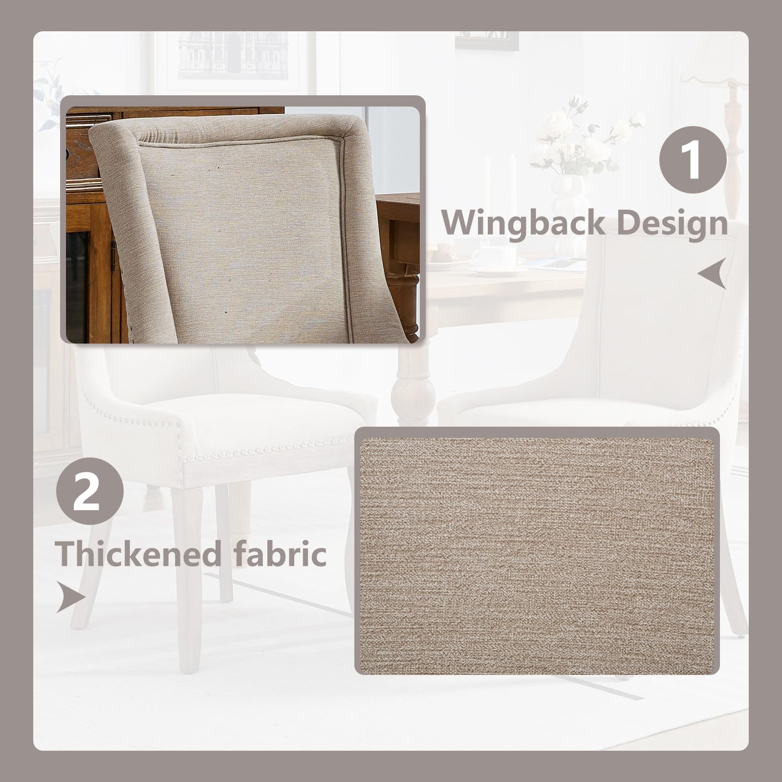 Modern Dining Chairs Set of 2 - High Back Upholstered Fabric Side Chairs with Solid Wood Legs for Dining Room & Kitchen - Comfortable Beige Seating for Family Meals, Dinner Parties & Home Decor