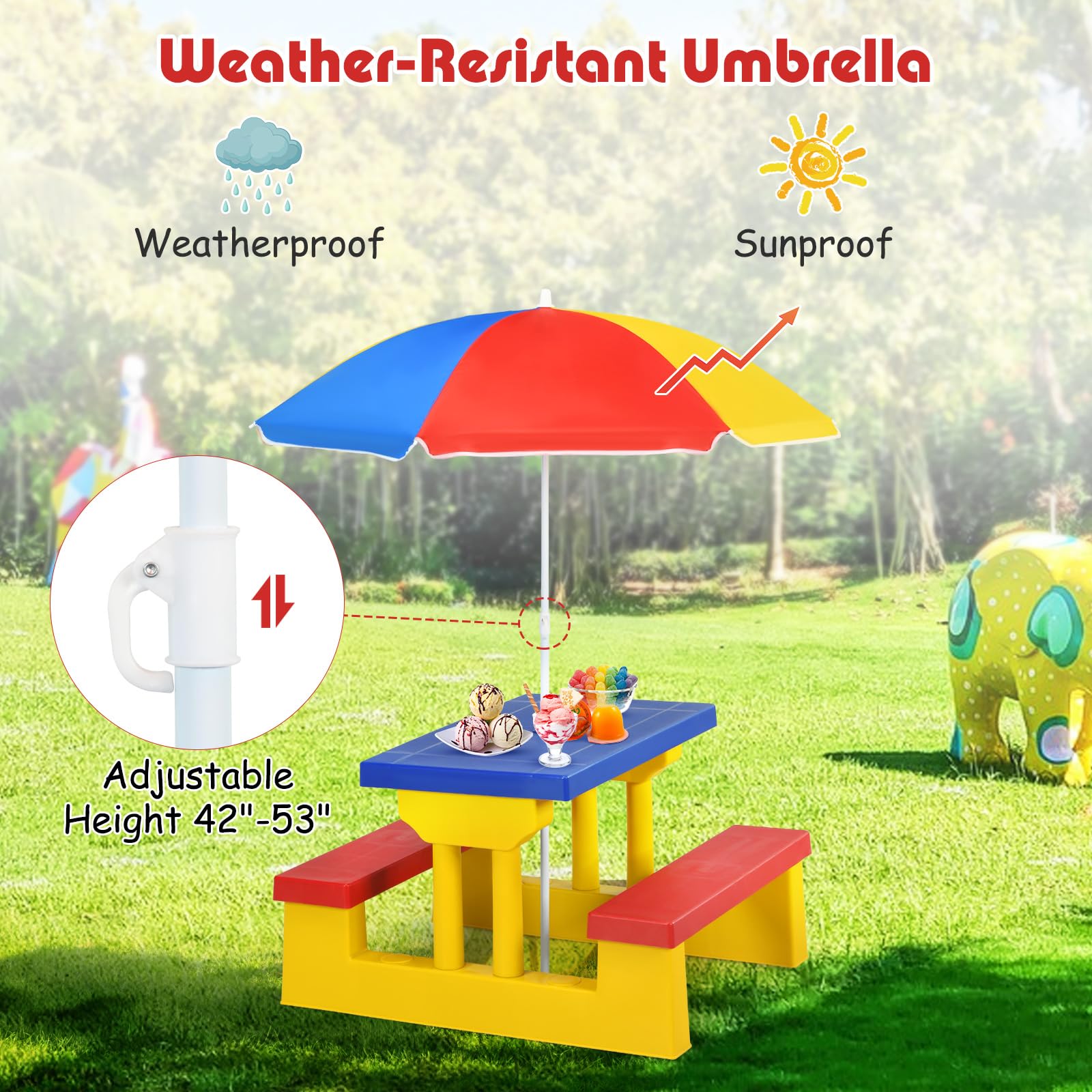 MAT EXPERT Kids Picnic Table Set - Foldable Plastic Toddler Table & Chairs with Adjustable Umbrella | Outdoor Children's Furniture for Garden, Backyard, Patio | Perfect for Playdates, Birthday Parties & Family BBQs (Multi-Color)