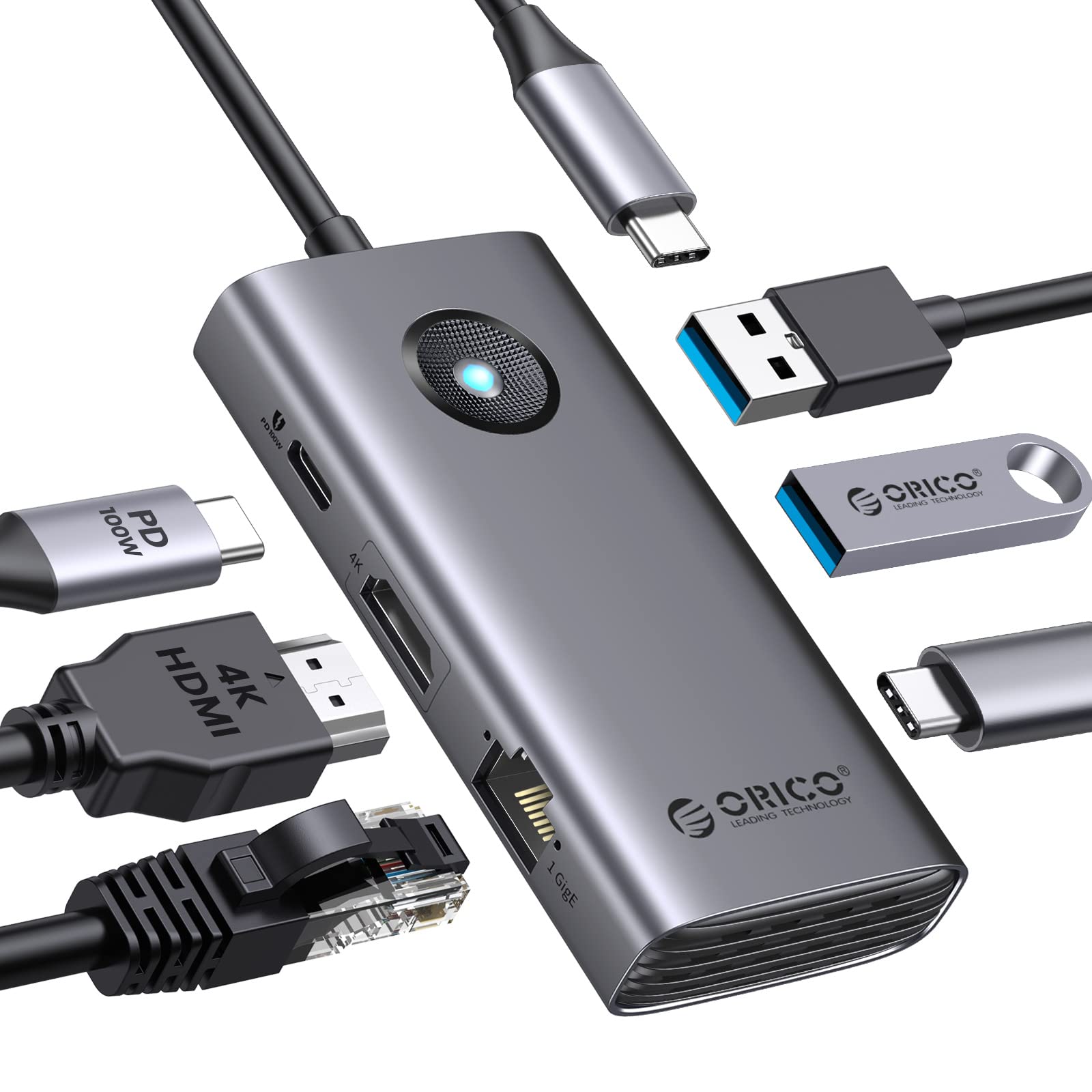 ORICO 6-in-1 USB C Hub with Ethernet, HDMI 4K & 100W PD for MacBook Pro & Chromebook - Home & Office Use