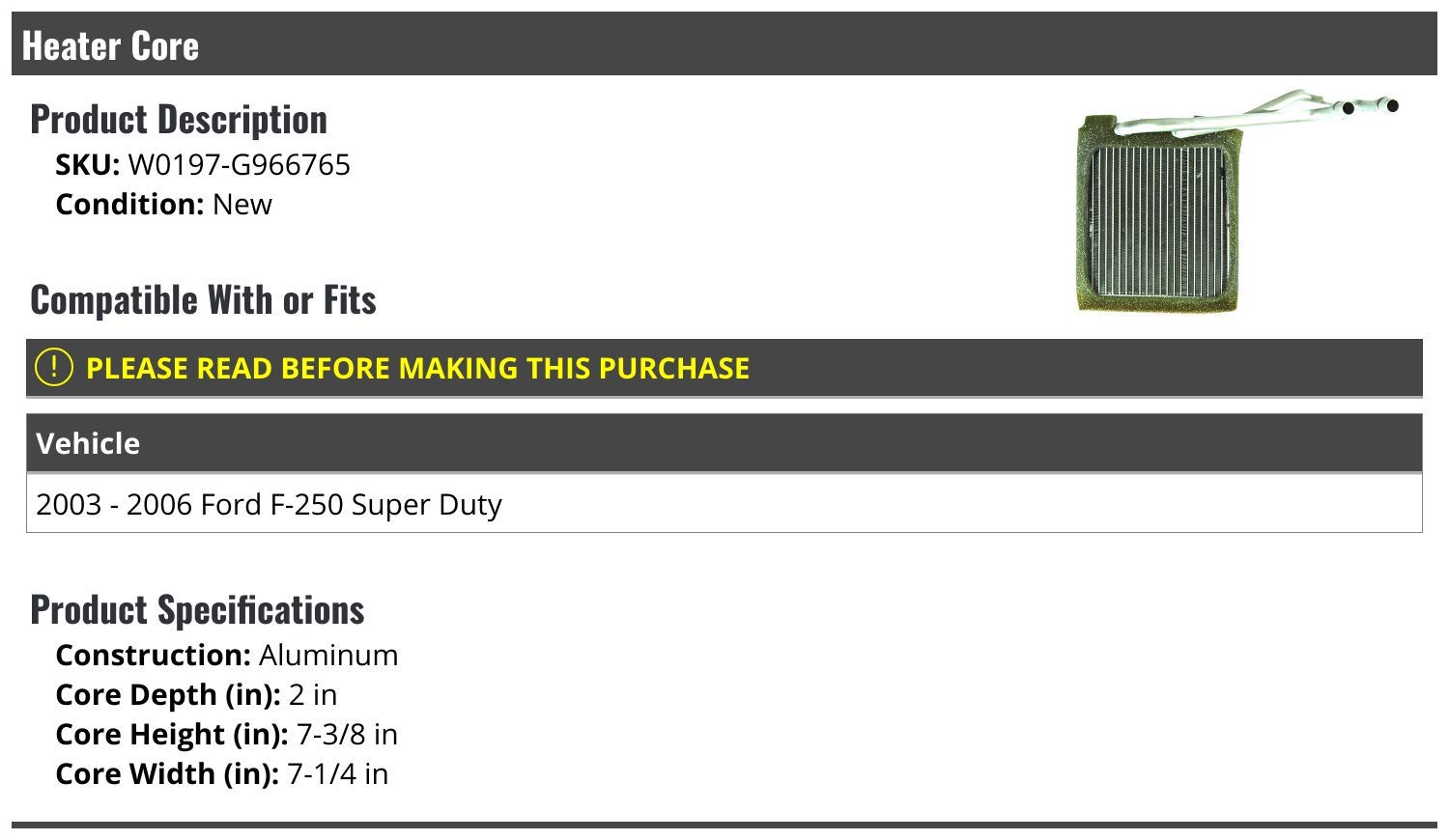 2003-2006 Ford F-250 Super Duty Replacement Heater Core - OEM Fit & Durable Construction - Perfect for Winter Driving & Defrosting
