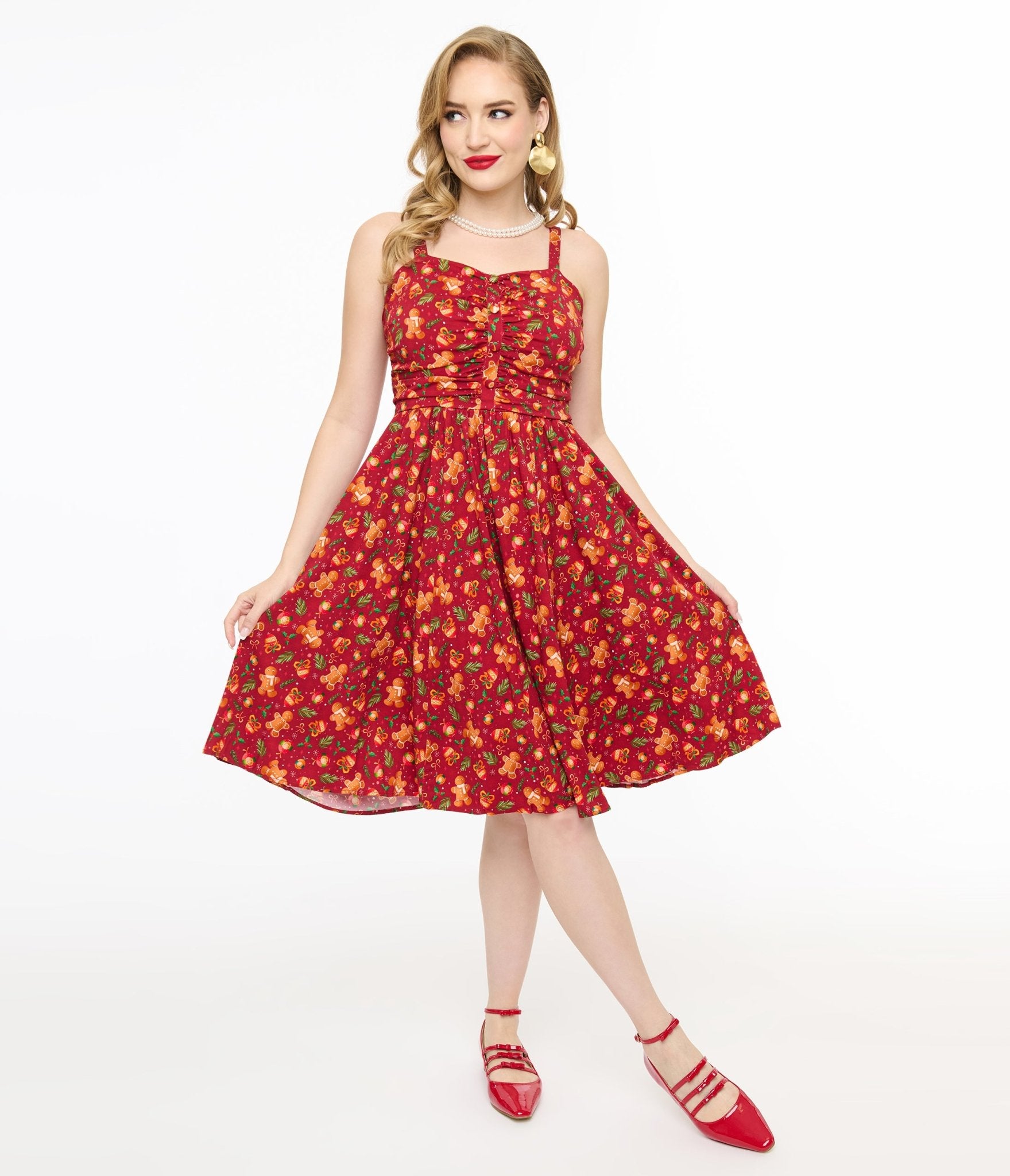Miss Lulo 1950s Vintage Red Gingerbread Man Print Eden Fit & Flare Dress - Retro Christmas Party, Holiday Office Outfit, Festive Cocktail Attire