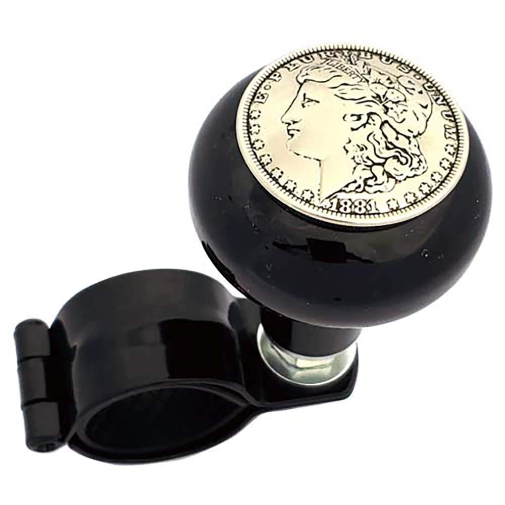 Vintage Gloss Black Aluminum Steering Wheel Spinner Knob - Suicide Brody Knob for Hot Rod, Custom Car, Truck, SUV, Tractor, Trailer & Big Rig - Classic Morgan Dollar Design - Perfect for Off-Road, Racing & Heavy-Duty Vehicles