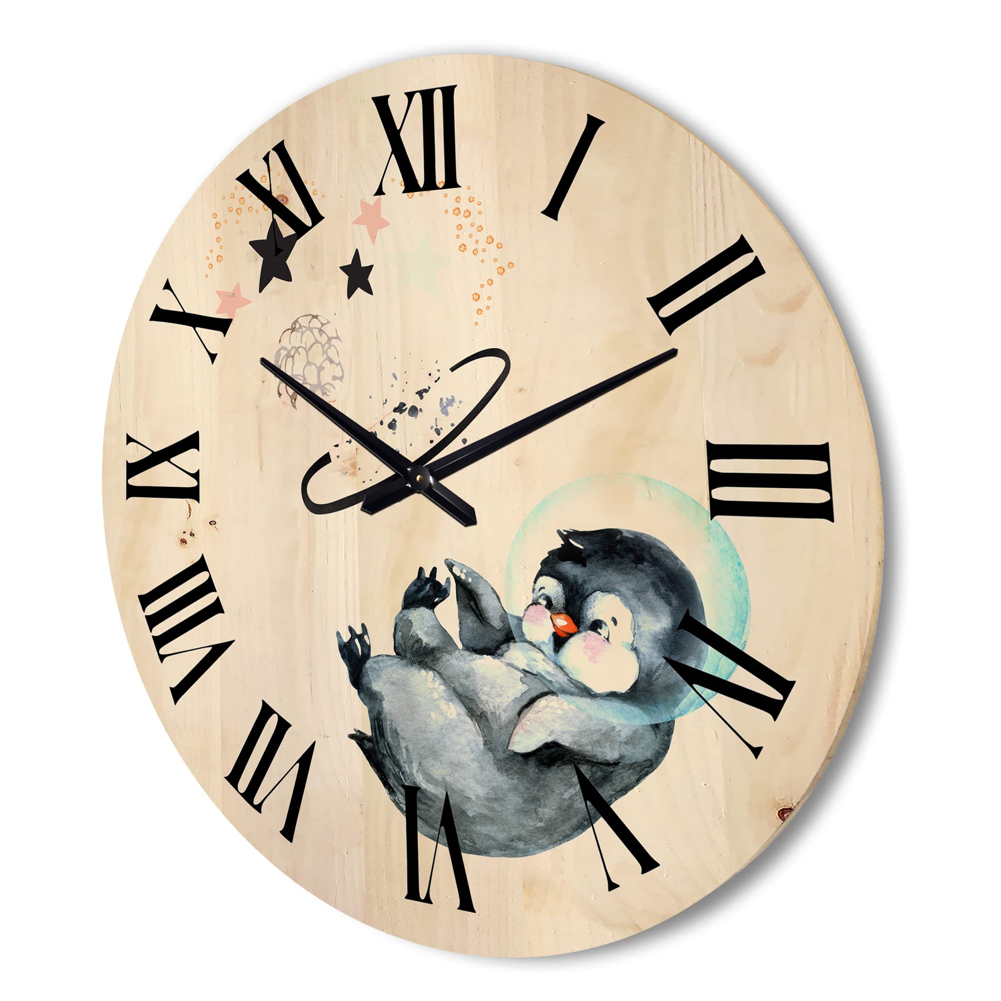 DesignQ 'Little Penguin with Planets and Stars' Large Farmhouse Wood Wall Clock - Oversized Decorative Animal Wall Clock for Living Room, Bedroom & Office Décor - Perfect for Home, Nursery & Gift Giving