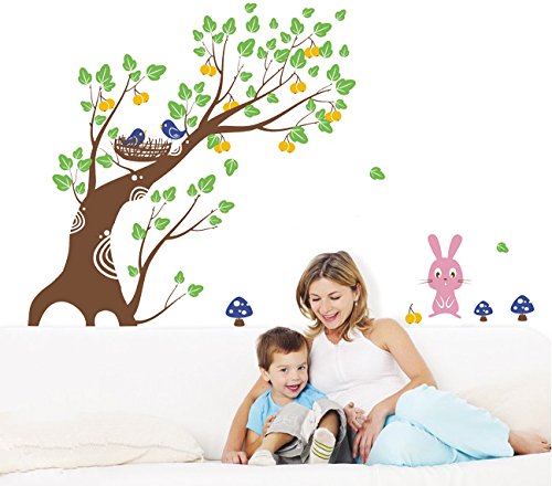 PT-0065-Vb Beautiful Bunny and Fruit Tree Wall Decal Stickers - Nursery, Kids Room, Bedroom Decor - Removable Vinyl Art for Home & Office