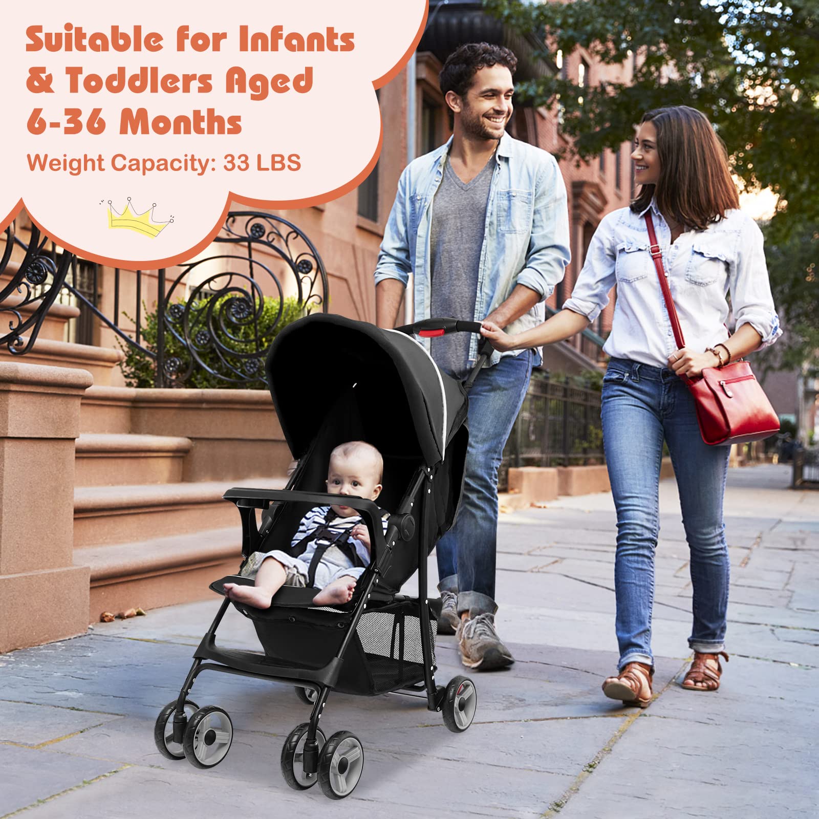 HONEY JOY Lightweight Compact Travel Stroller for Toddlers & Infants - Adjustable Canopy, Reclining Backrest, Storage Basket - Airplane Approved Foldable Umbrella Stroller (Black) | Perfect for Air Travel, Shopping, Walks & Daily Use