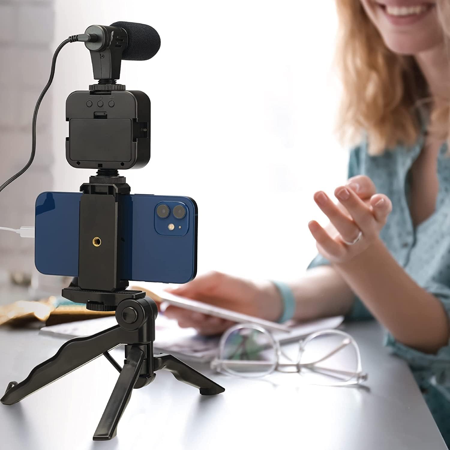Professional Vlogging Kit for iPhone & Android - Includes Mini LED Video Light, Cardioid Microphone, Phone Clip & Adjustable Tripod - Perfect for YouTube, TikTok, Instagram Videos, Live Streaming & Video Calling