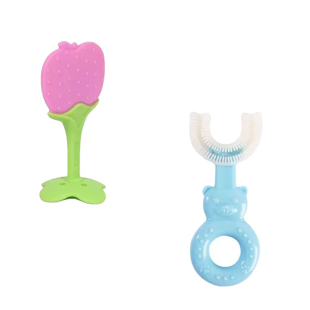 Kritiu Baby Teether and U-Shape Toothbrush Set - BPA-Free Silicone Teething Toy & Infant Toothbrush for 0-12 Months - Safe Teething Relief & Early Oral Care - Perfect for Soothing Sore Gums & Developing Healthy Habits (Pink/Blue)