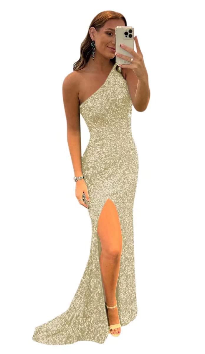 Sexy One Shoulder Sequin Prom Dress for Women - Mermaid Evening Gown with High Slit for Formal Parties, Homecoming, and Special Occasions