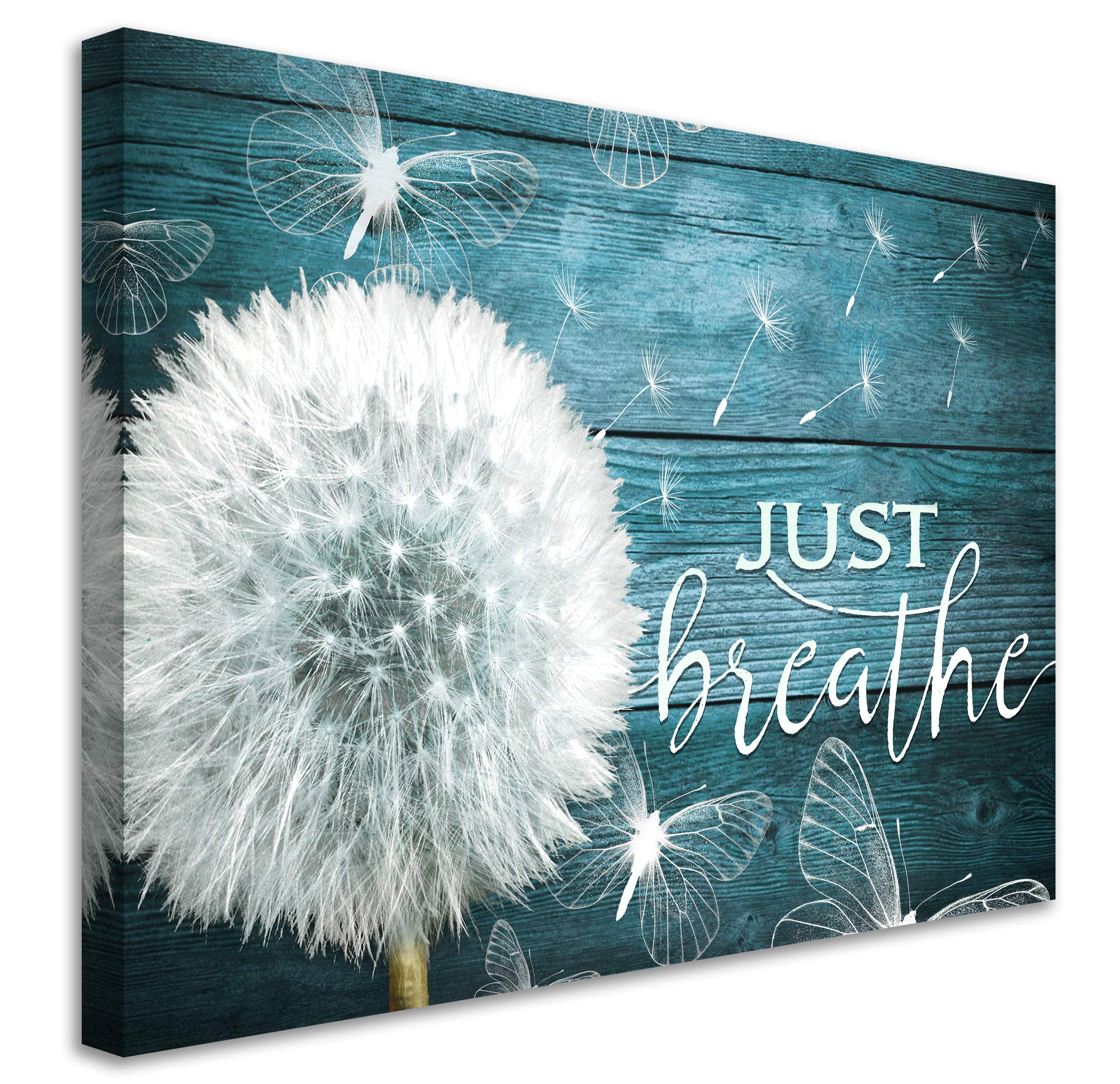 BOLDROLE Just Breathe Teal Dandelion Canvas Wall Art - 12x16 Inch Framed Floral Print for Home & Office Decor | Ready to Hang Living Room, Bedroom, Bathroom Wall Decor | White Flower Botanical Painting
