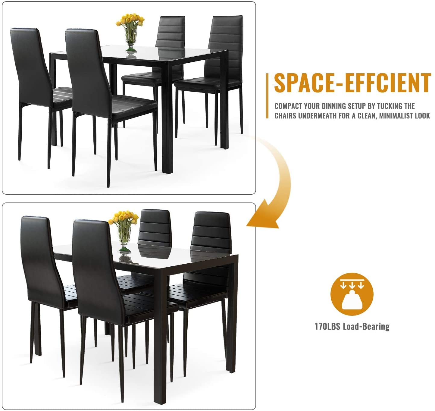 4-Piece Glass Dining Table Set with PU Leather Chairs - Modern Kitchen & Dining Room Furniture for Small Spaces | Perfect for Apartments, Breakfast Nooks & Cozy Family Meals