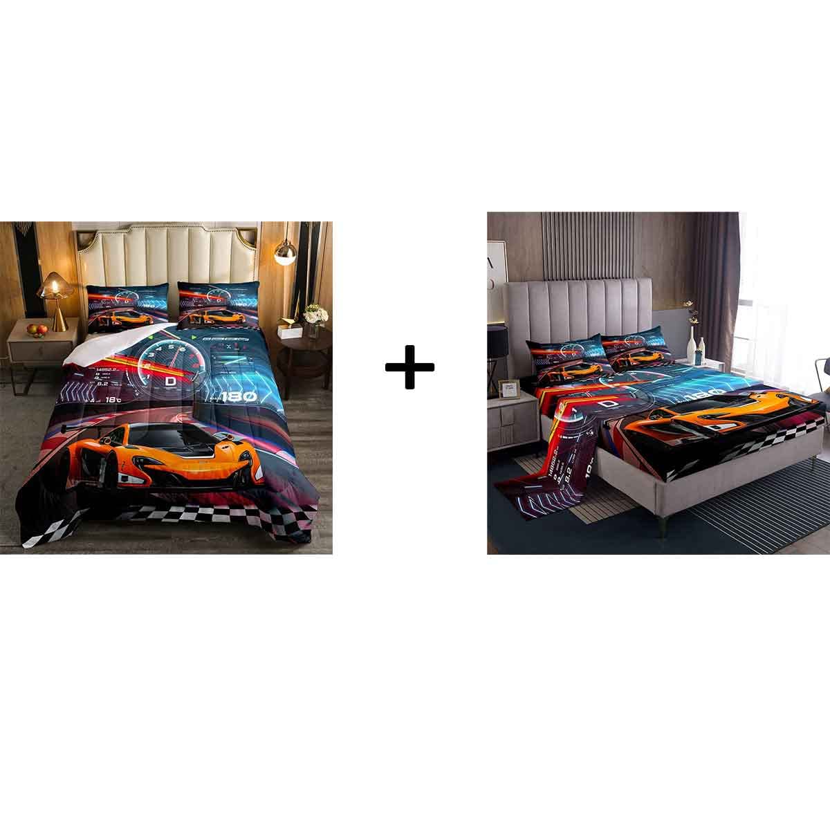 7-Piece Race Car Bedding Set for Twin Size - 1 Comforter, 1 Fitted Sheet, 1 Flat Sheet & 4 Pillowcases | Kids' Room Decor, Boys' Themed Bedroom, Gift for Car Lovers