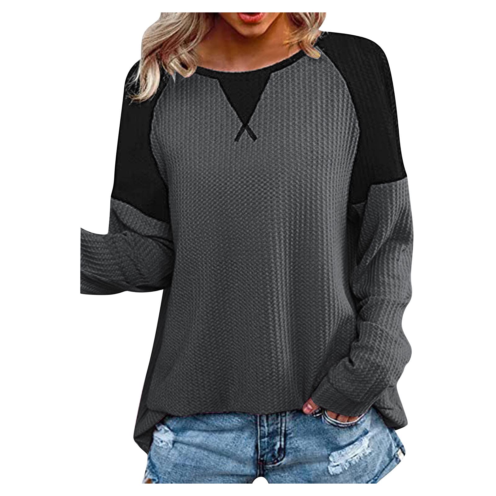 Women's White Long Sleeve T-Shirt - Color Block Pullover Crew Neck Loose Fit Comfortable Casual Top | Perfect for Everyday Wear, Office Outfits & Weekend Relaxation