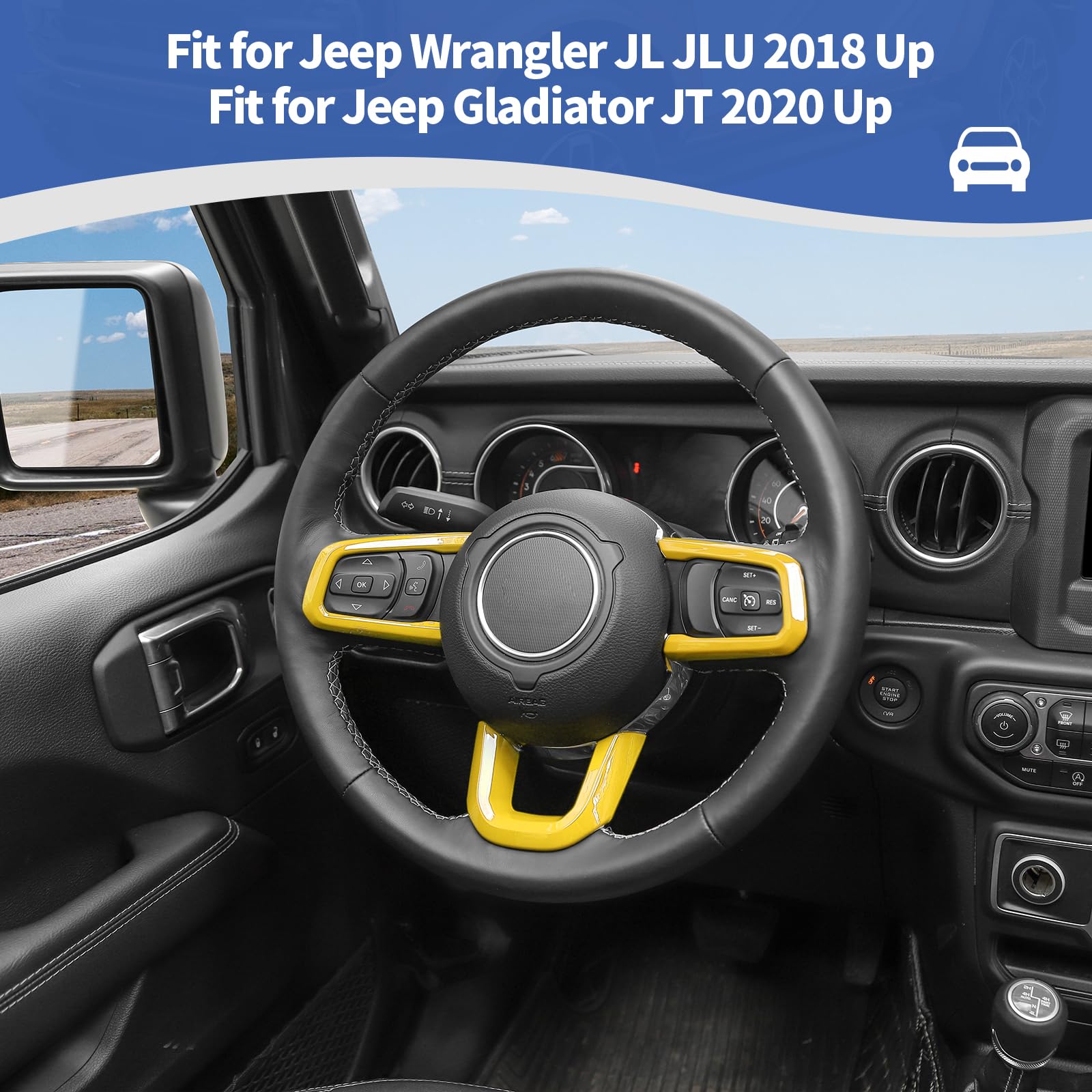 RT-TCZ Yellow Steering Wheel Trim Panel Decal for Jeep Wrangler JL/JLU (2018+) & Gladiator JT (2020+) - 3pc Interior Accessories Kit - Enhance Your Jeep's Yellow Interior Style for Off-Road & Daily Driving