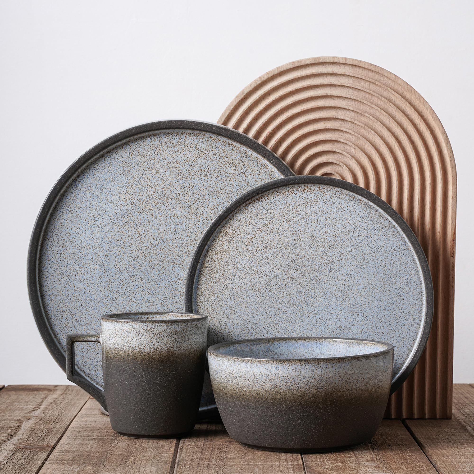 Stone Lain Vince Stoneware Reactive Glaze Dinnerware Set - 16-Piece Gray Dinner Set for 4, Durable Ceramic Plates & Bowls - Perfect for Family Dinners, Entertaining Guests & Restaurant-Style Dining