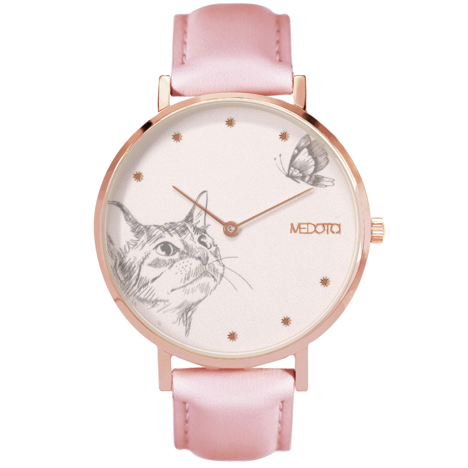 MEDOTA Love Series - Hand-Drawn Cat Design Analog Quartz Watch with Quick-Release Pink Leather Strap, Rose Gold Case (Model LO-10502) | Water Resistant Women's Fashion Watch for Daily Wear, Gift Giving & Cat Lovers