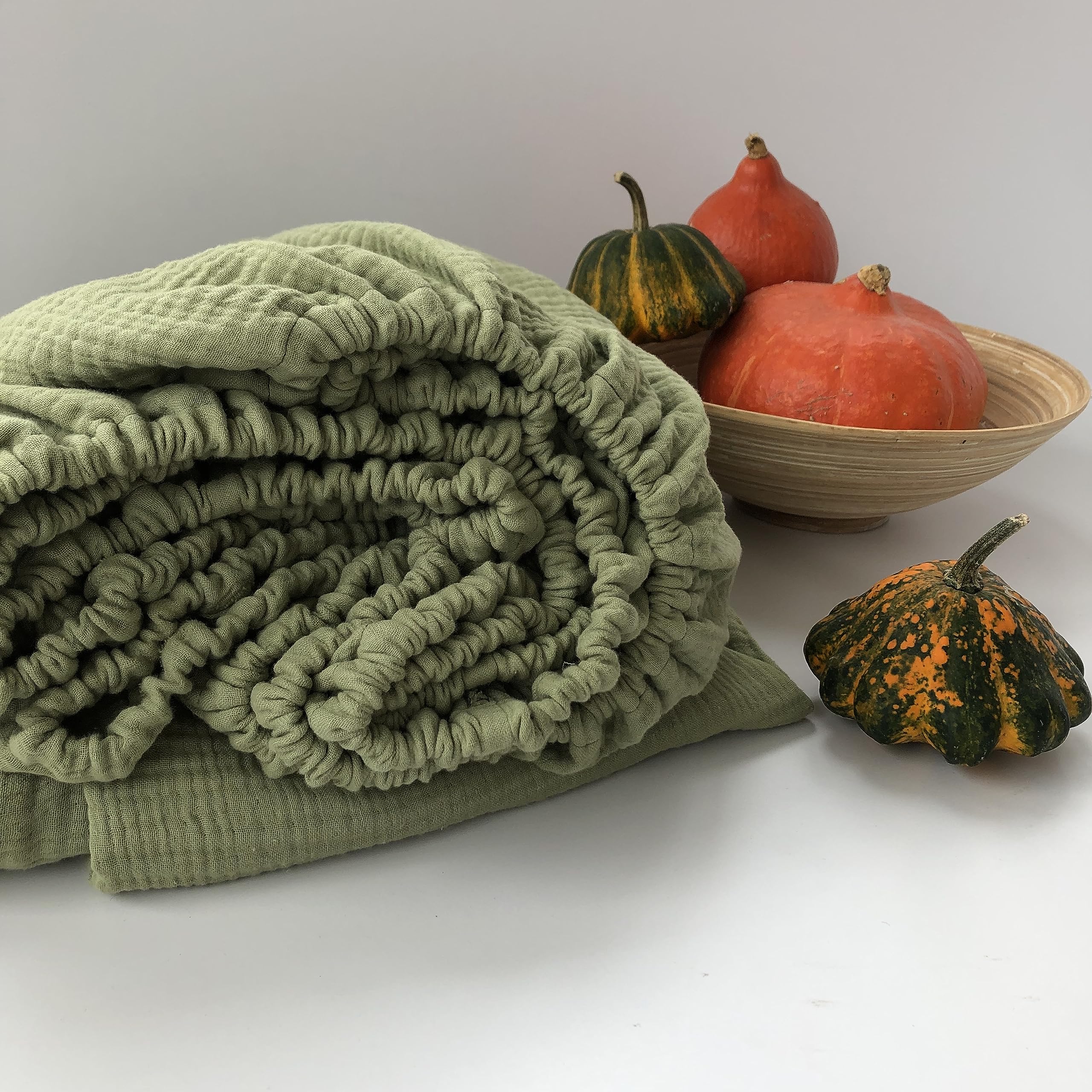 Organic Muslin Fitted Bed Sheet - Single/Twin Size, Bohemian Style Olive Green - Soft, Breathable & Hypoallergenic Bedding for Cozy Nights & Boho Chic Bedroom Decor