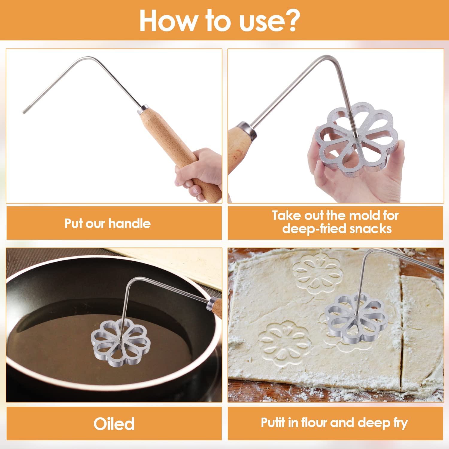 7-Piece Rosette Timbale Set with Handle - Stainless Steel Rosette Iron for Bunuelos, Funnel Cakes & Lotus Flower Cookies - Perfect for Holiday Baking, Party Desserts & European Pastry Making