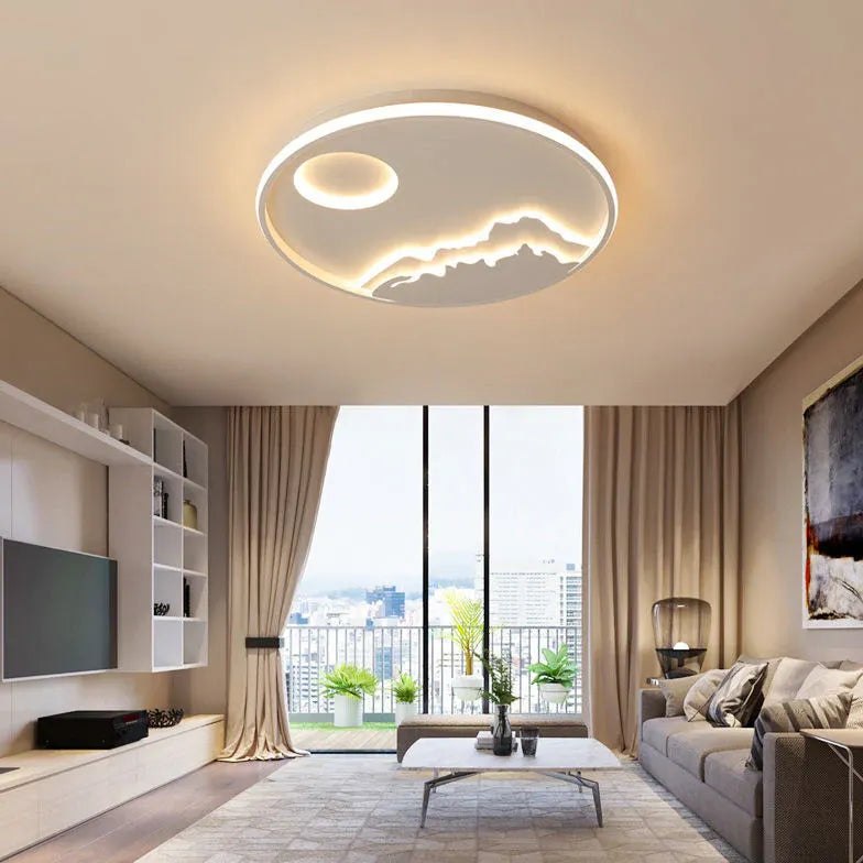 Modern Round Landscape Ceiling Light Fixture - Dimmable LED Flush Mount for Living Room, Bedroom, Dining Room - Perfect for Home Decor & Ambient Lighting