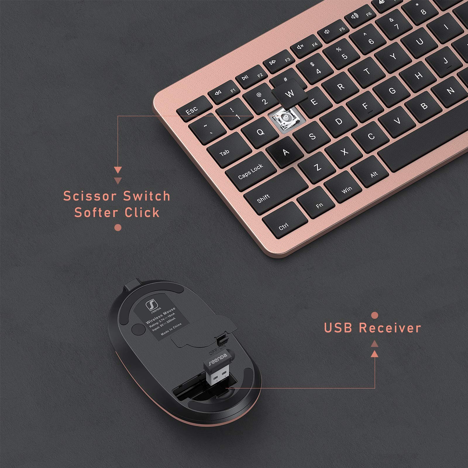 Seenda Rechargeable Wireless Keyboard and Mouse Combo - Full Size Cordless Keyboard with Built-in Lithium Battery, Ultra Thin Quiet Keyboard & Mouse Set (Rose Gold & Black) for Office, Home, Gaming & Remote Work
