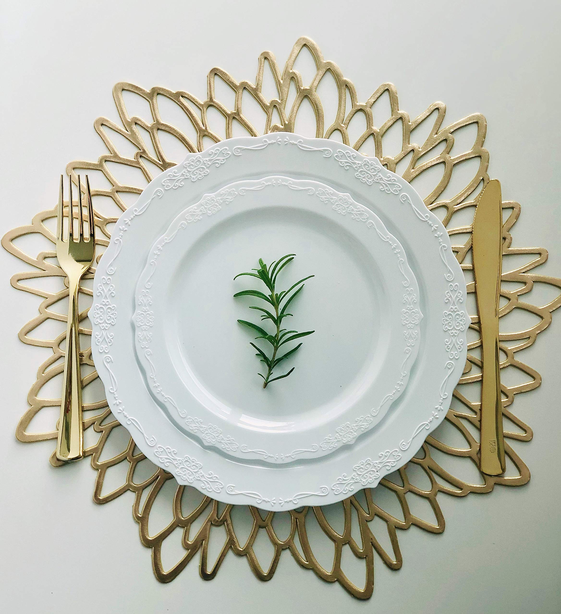 40-Pack Gold Leaf Pressed Vinyl Round Placemats - Elegant Metallic Table Mats for Weddings, Parties & Formal Dining - Waterproof & Reusable Place Settings for Home Decor & Special Occasions