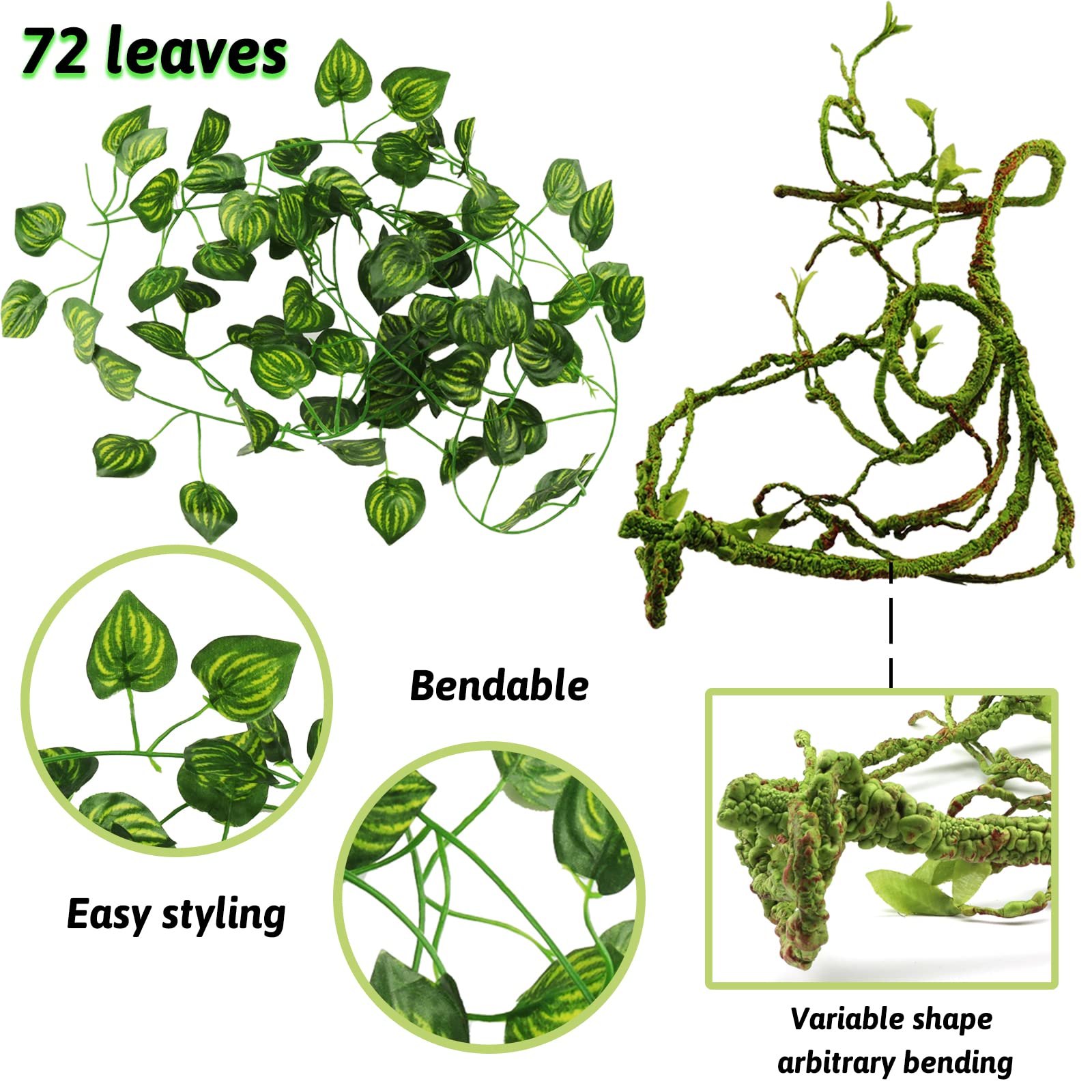 Artificial Reptile Plants & Terrarium Hanging Vines - Realistic Fake Leaves for Leopard Gecko, Bearded Dragon, Snake & Chameleon Habitats - Durable Terrarium Decorations & Hide Accessories - Perfect for Jungle-Themed Vivariums & Reptile Tank Setups