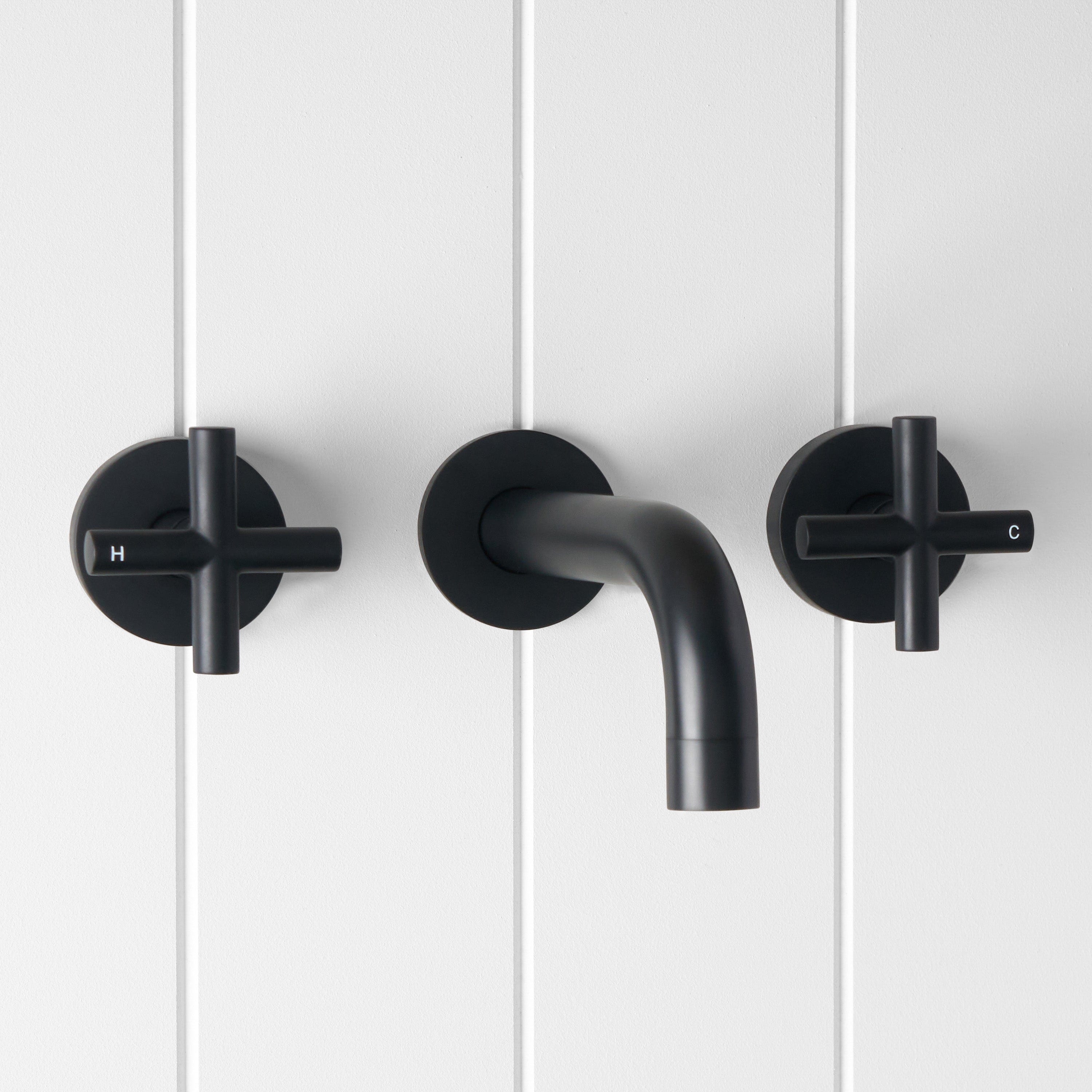 Matte Black Wall Spout with Cross Taps - Premium Bathroom Faucet for Modern Sink & Vanity Installation - Perfect for Home, Hotel, and Commercial Use