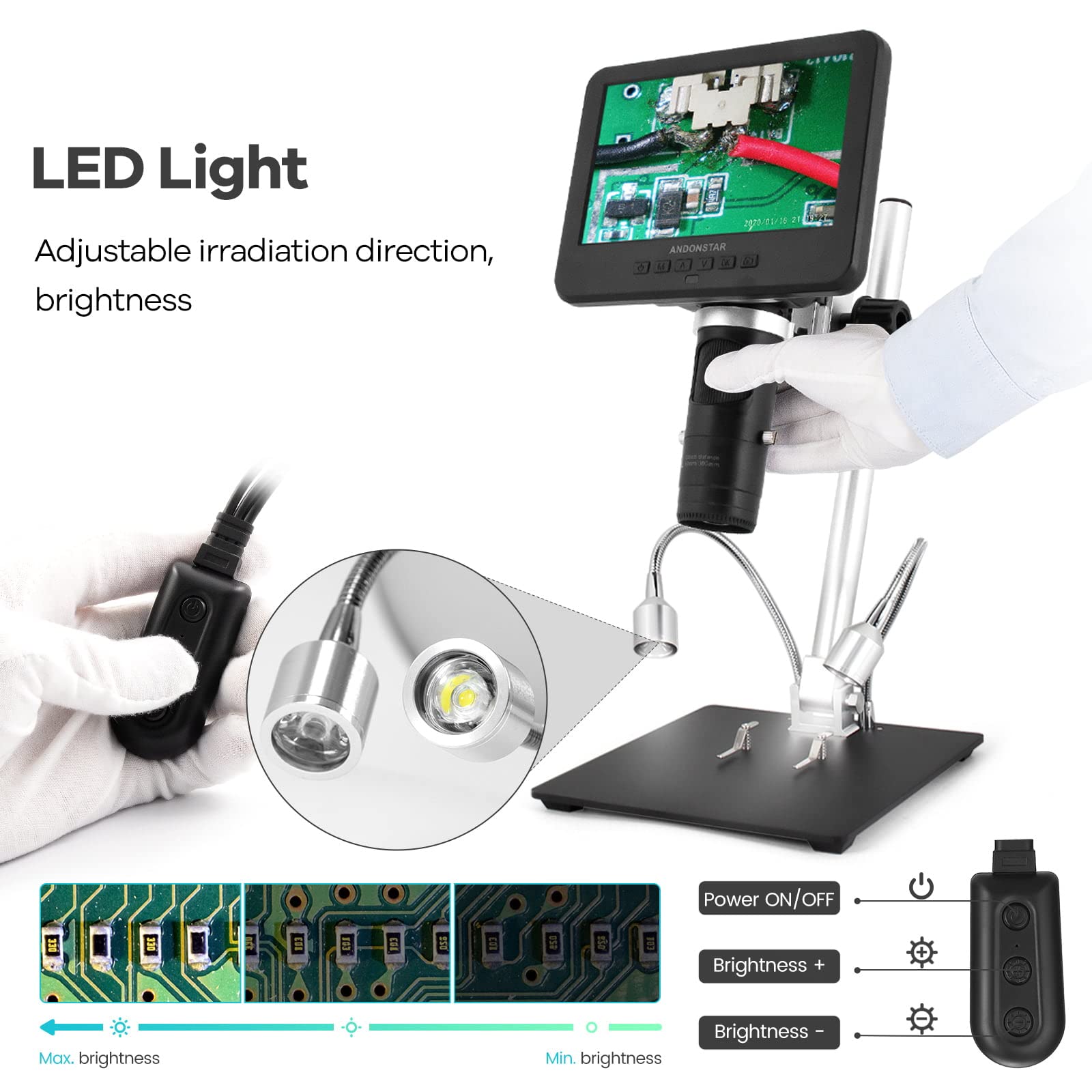 Andonstar AD246-M Digital Microscope with 3 Lenses - 7 Inch LCD 500x Magnification, 1080P FHD Video Recording, 32GB Card Included - Perfect for Soldering, Coin Inspection, Biology Studies & Electronics Repair