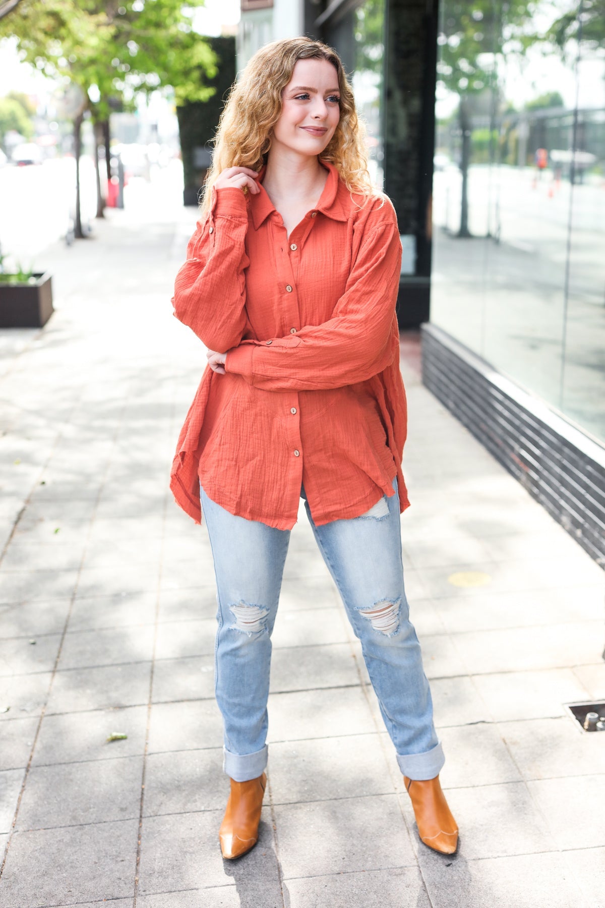 Stylish Rust Button Down Sharkbite Cotton Tunic Top for Women | Comfortable Everyday Wear | Perfect for Office, Casual Outings & Date Nights