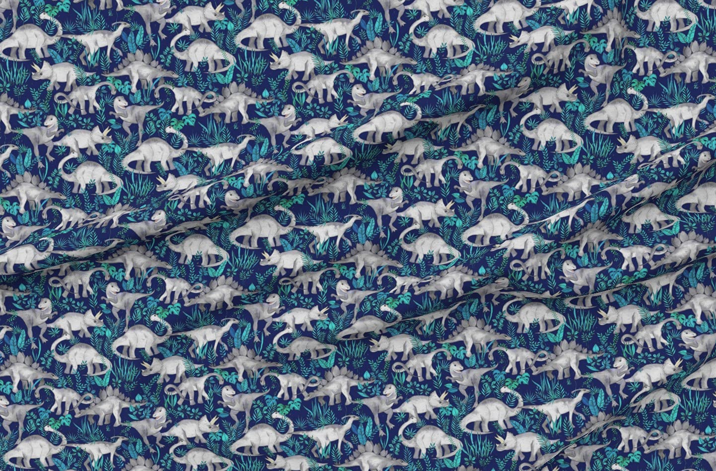 Dinosaur Jungle Dark Blue Purple Background Fabric - Medium Print Dinos Grey Printed on Soft Minky Fabric by The Yard for Sewing Baby Blankets, Quilt Backing & Plush Toys | Premium Spoonflower Material for DIY Projects & Nursery Decor
