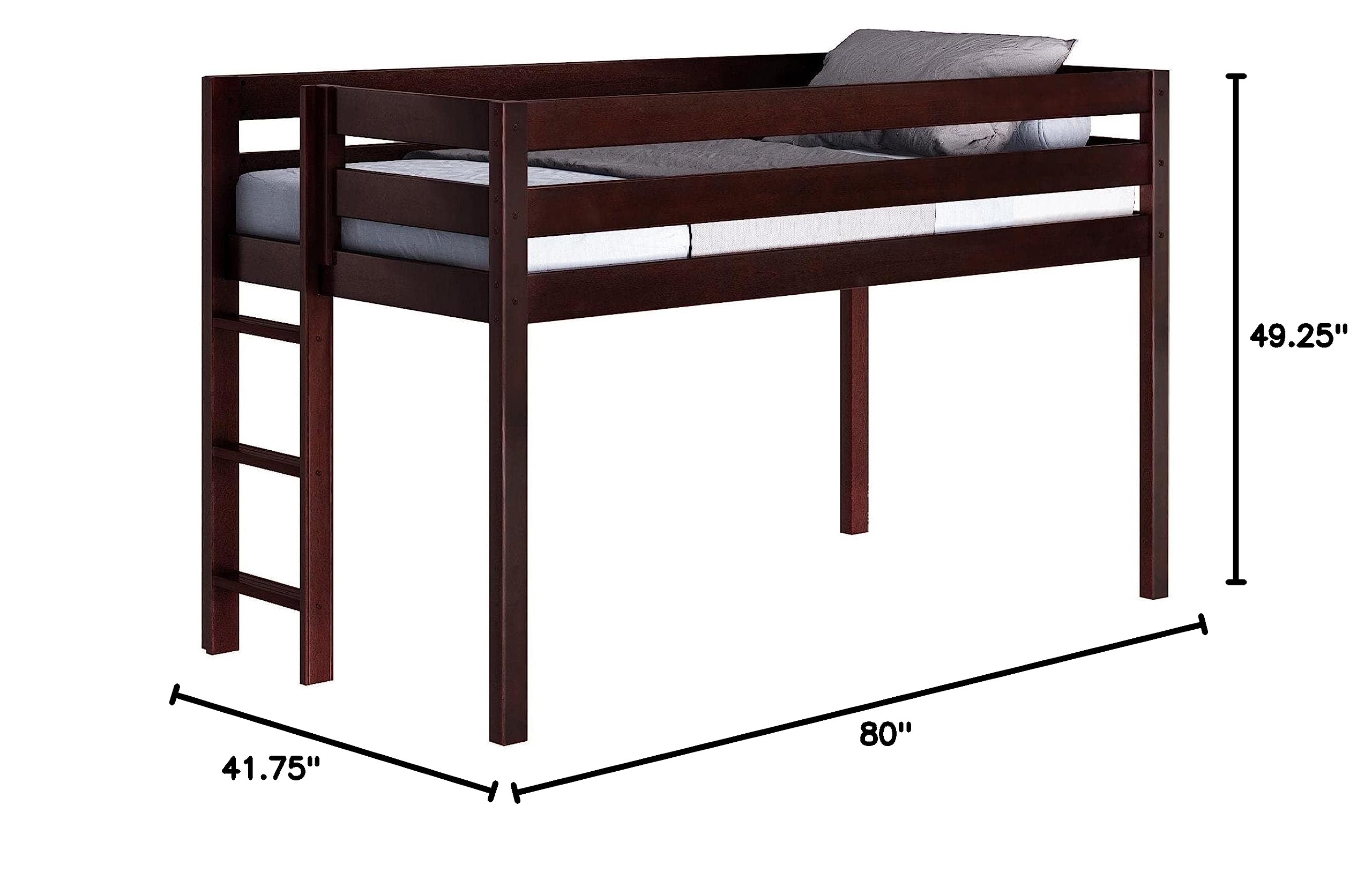 Modern Low Loft Twin Bed with End Ladder in Cherry Finish - Space-Saving Kids & Teen Bedroom Furniture for Small Rooms, Dorms & Apartments