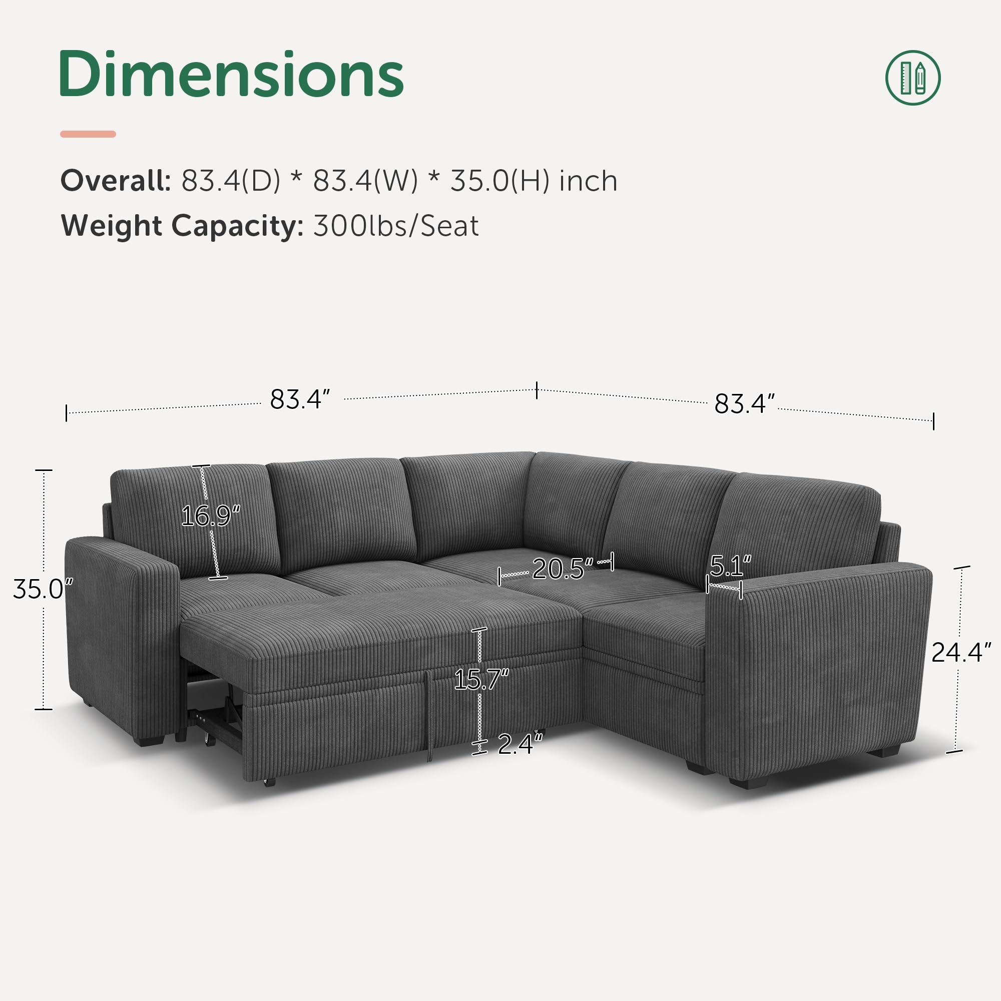 HONBAY Modular Sectional Sleeper Sofa with Pull Out Bed - L Shaped Corduroy Couch with Storage Seats, Convertible Sectional Sofa for Living Room, Dark Grey - Perfect for Small Spaces, Guest Rooms & Apartments