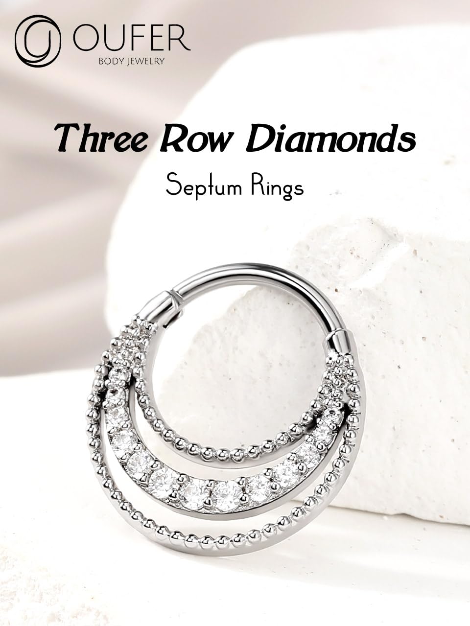 OUFER 16G Septum Rings - 3 Rows Paved Shiny Clear CZ Septum Jewelry | 316L Stainless Steel Nose Ring for Women & Men | Perfect for Helix, Cartilage, Conch & Daith Piercings | Ideal for Everyday Wear, Parties & Special Occasions