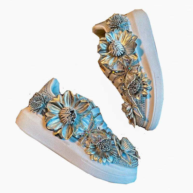 Women's Silver Butterfly Bow Crystal Sneakers - Stylish Platform Shoes with Diamond & Floral Accents | Comfortable Fashion Footwear for Parties, Weddings & Everyday Wear