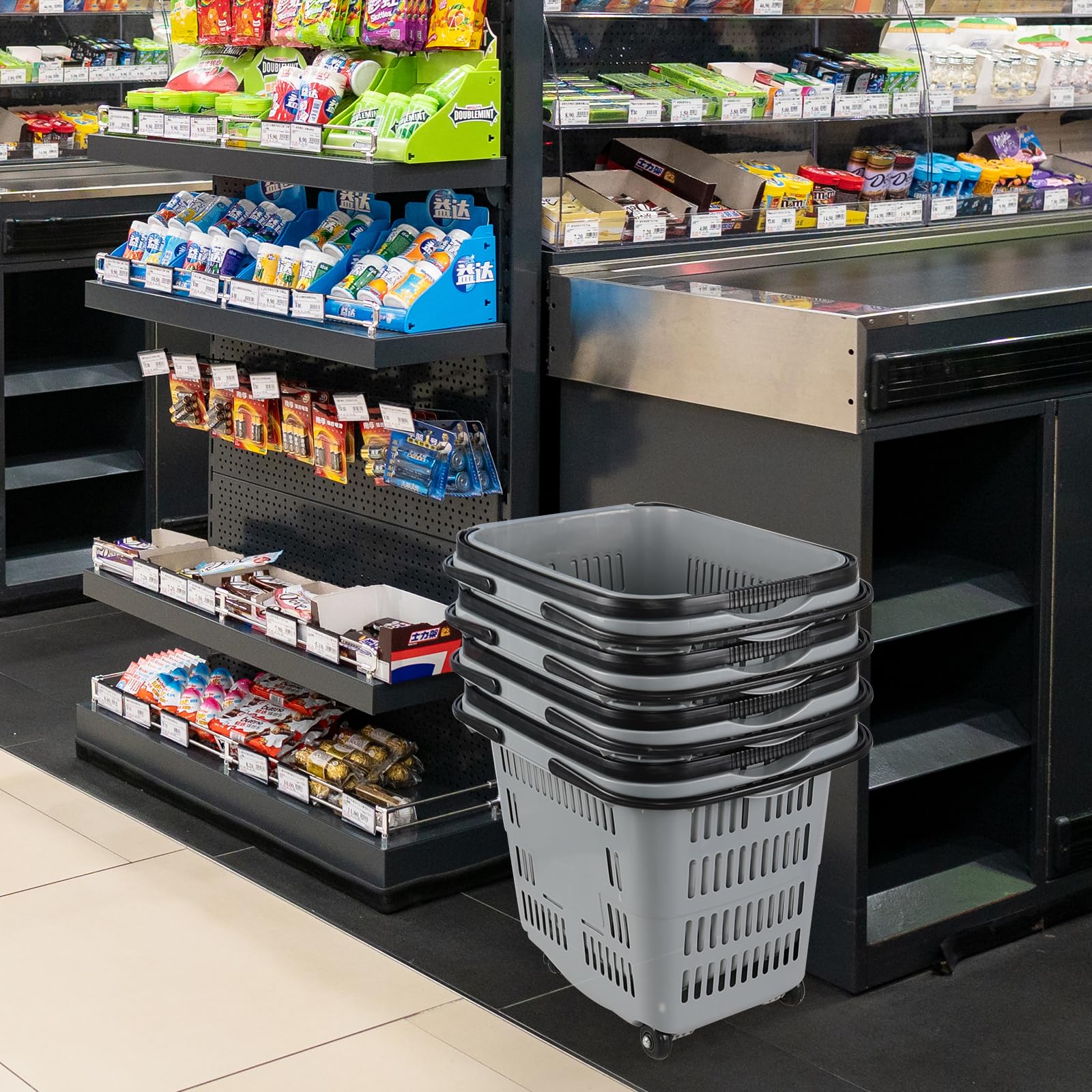 50L Plastic Rolling Shopping Basket with Handles - Portable Retail Cart for Supermarket, Grocery Store & Warehouse (4 Pack) - Ideal for Shopping, Stocking Shelves & Home Organization