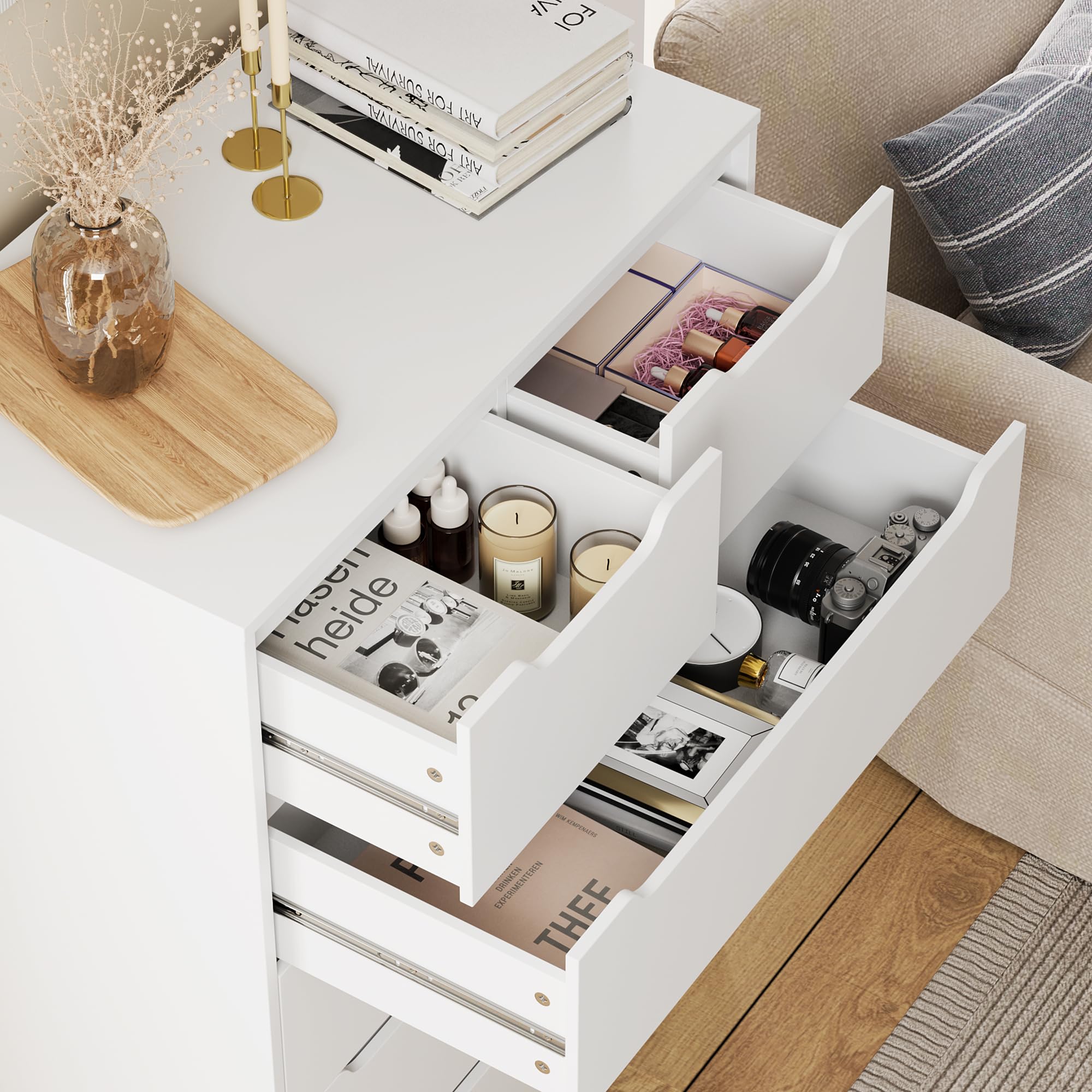 Modern 5-Drawer Dresser for Bedroom & Living Room - White Wood Storage Chest with Cut-Out Handles - Space-Saving Organizer for Clothes, Toys & Home Essentials - Perfect for Bedroom, Entryway, Hallway or Nursery Organization