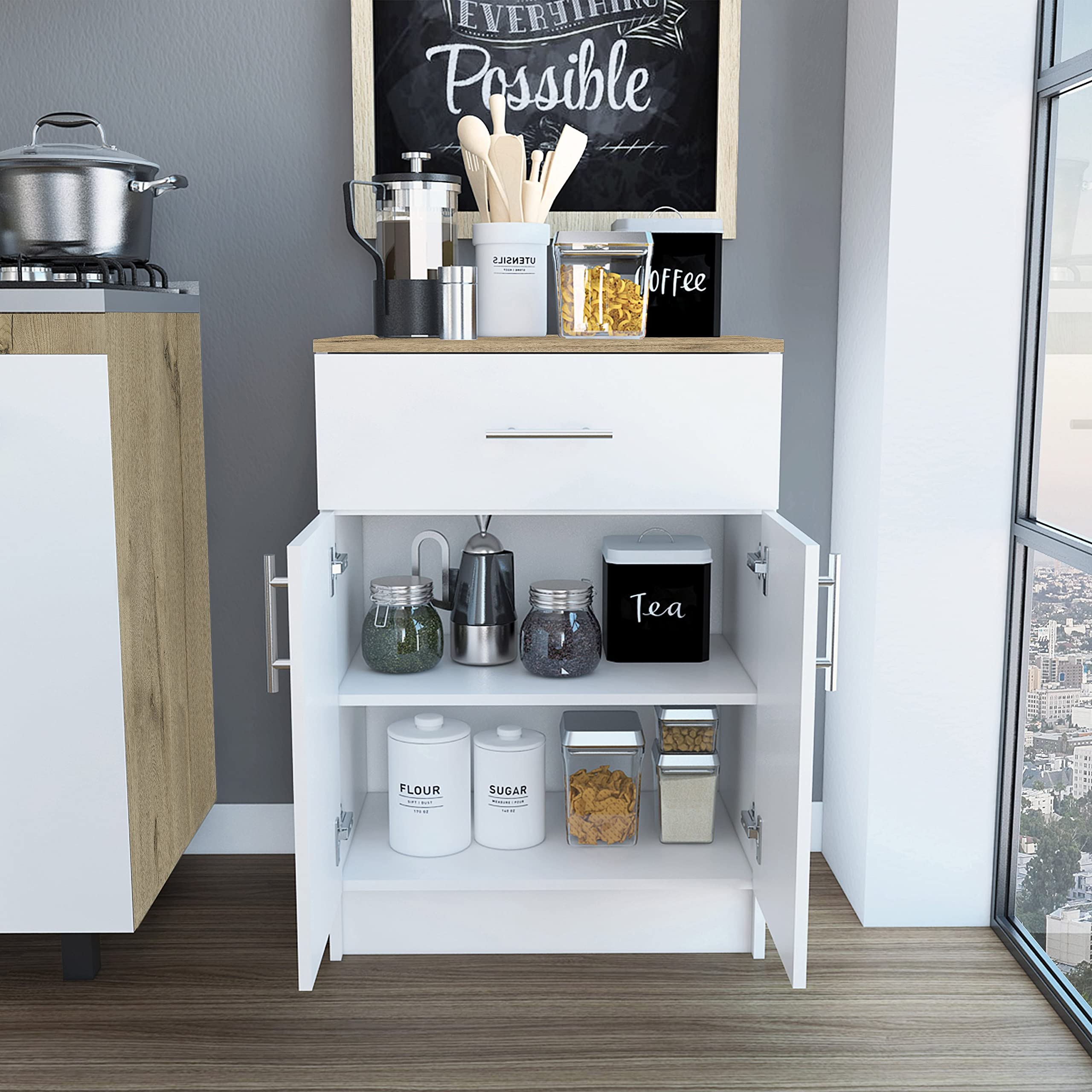 White/Light Oak Oxford Pantry Cabinet with Double Doors, Drawer & Metal Handles - 2 Interior Shelves for Kitchen Storage, Pantry Organization & Dining Room Decor