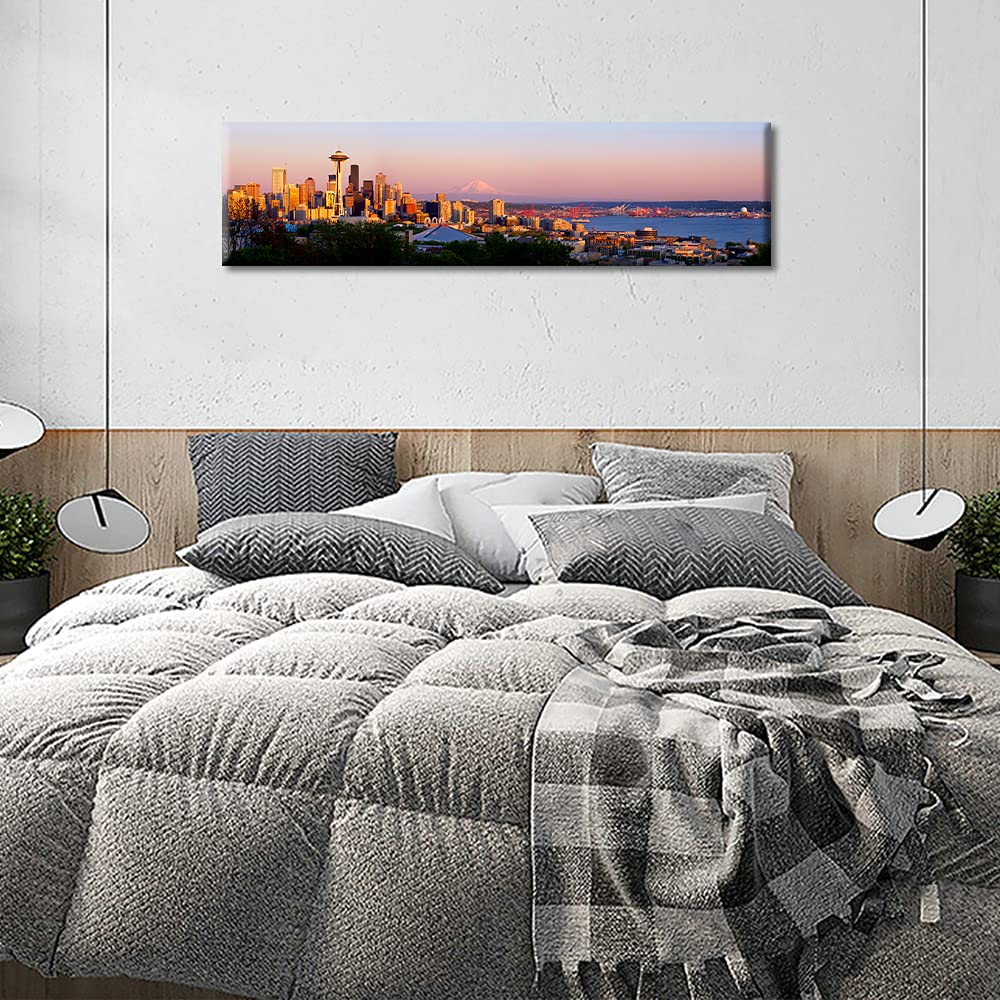 Seattle Skyline Wall Art Canvas Print - Space Needle & Mount Rainier Modern Home Decor | 12