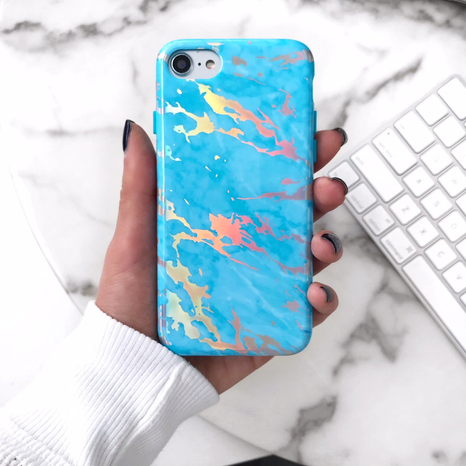 Blue Marble Holo Chrome iPhone Case - Shatterproof Protective Cover with Glitter Reflective Design for iPhone 13/14/15 - Perfect for Everyday Use, Parties & Gifting